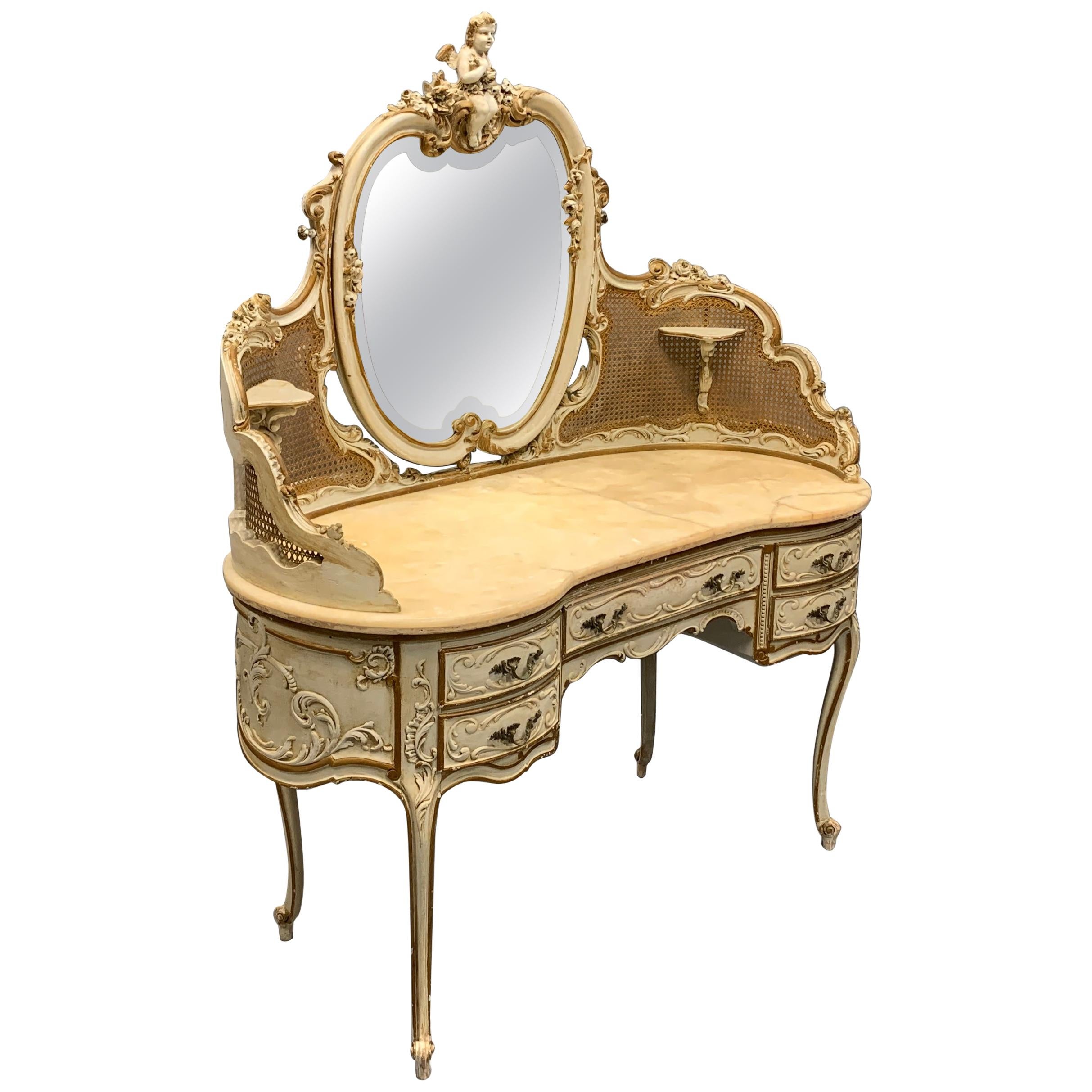 Grand Scale Antique Italian Paint and Bronze Gilt Dressing Table with Marble Top For Sale