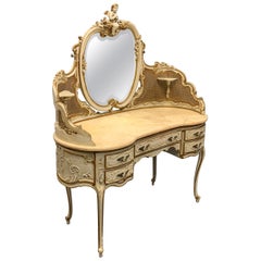 Grand Scale Antique Italian Paint and Bronze Gilt Dressing Table with Marble Top