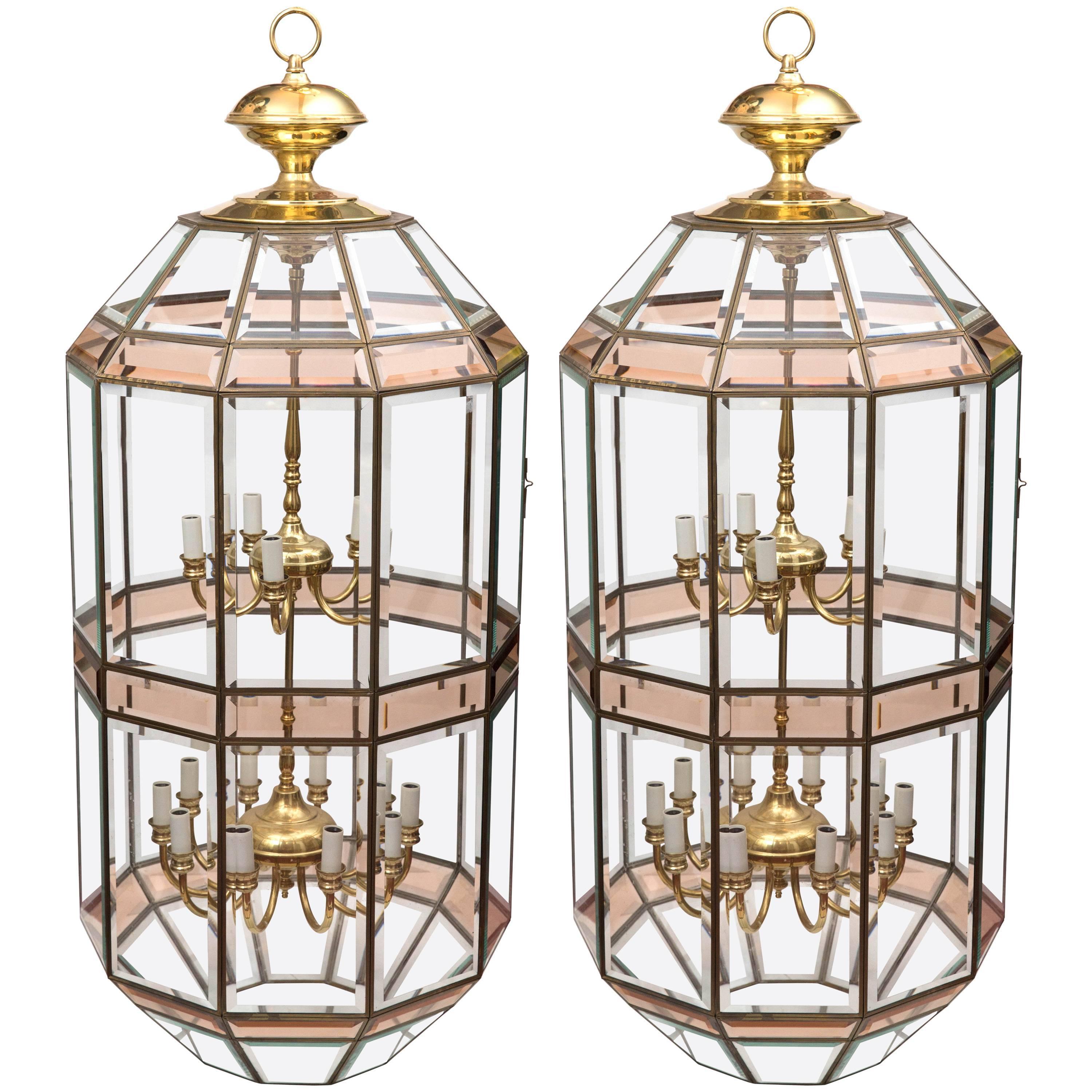 Grand Scale Beveled Glass Hanging Lanterns by Fredrick Ramond For Sale 2