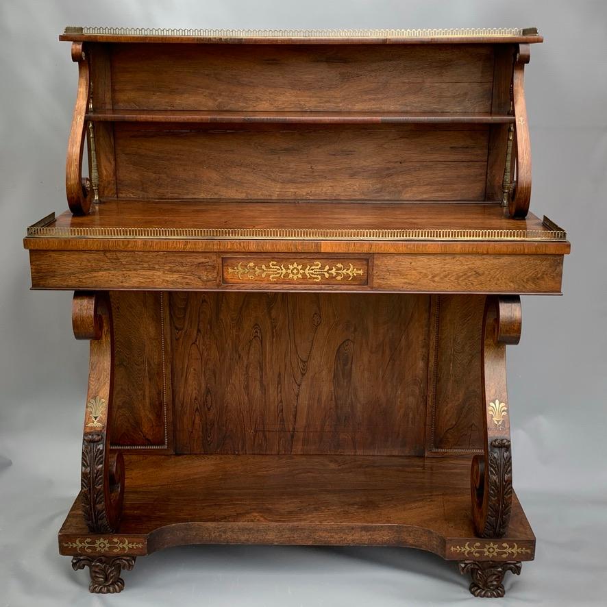 This really is an exceptional quality and grand scale Regency rosewood and brass inlaid chiffonier server or credenza, circa 1820 and in nice condition.
The scale of this piece when you compare it to other cabinets makes this a great feature piece