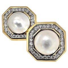 Grand Scale Earrings in Gold, Platinum, Mabe Pearl, & Diamonds by Wander, France