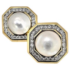 Retro Grand Scale Earrings in Gold, Platinum, Mabe Pearl, & Diamonds by Wander, France