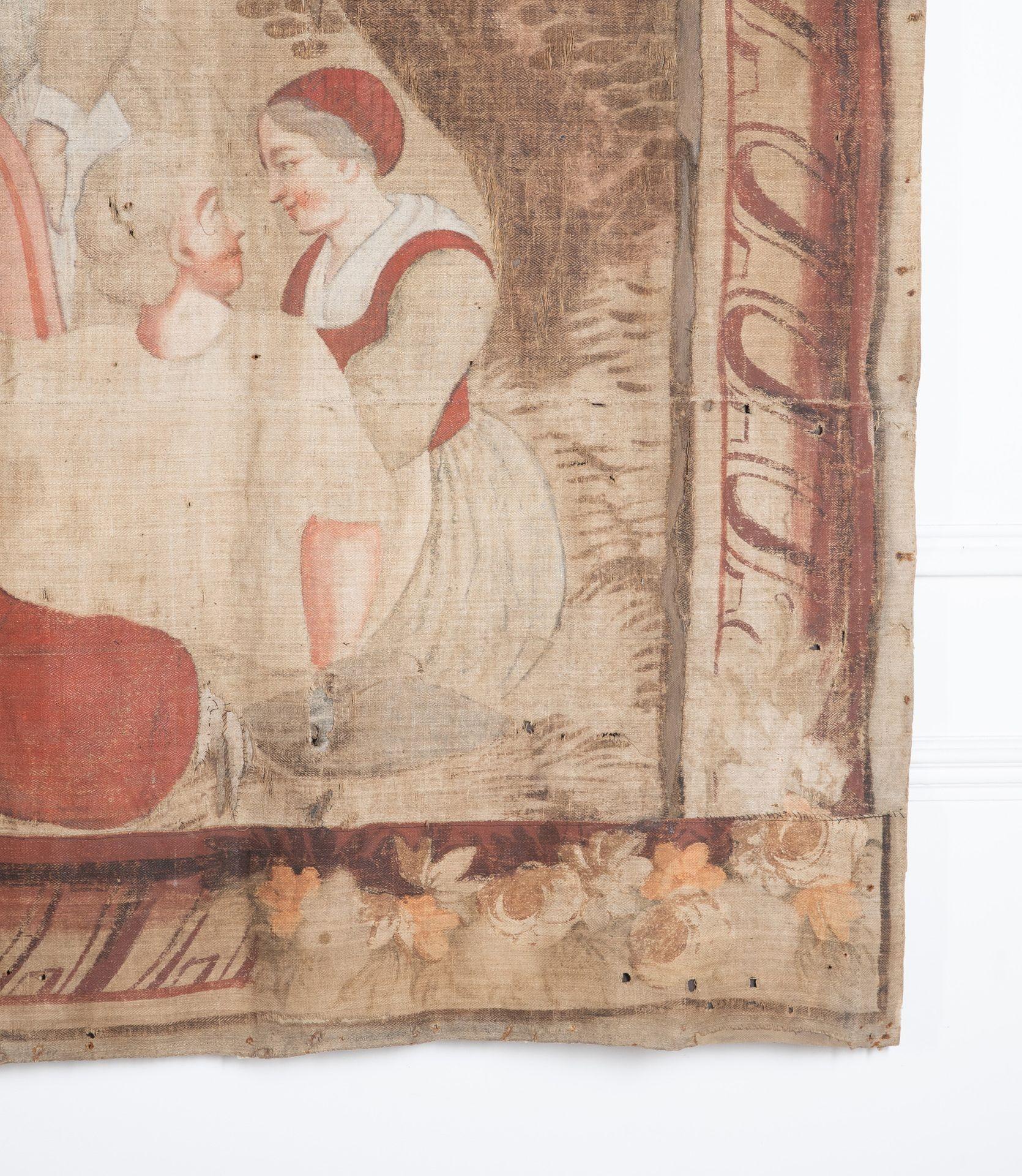 Tenture murale en toile peinte à la main de style flamand du XVIIIe siècle.
Ces tentures peintes à la main étaient commandées par de grandes maisons de campagne et des châteaux pour tapisser les murs de pierre froide.
Lorsque les tapisseries tissées