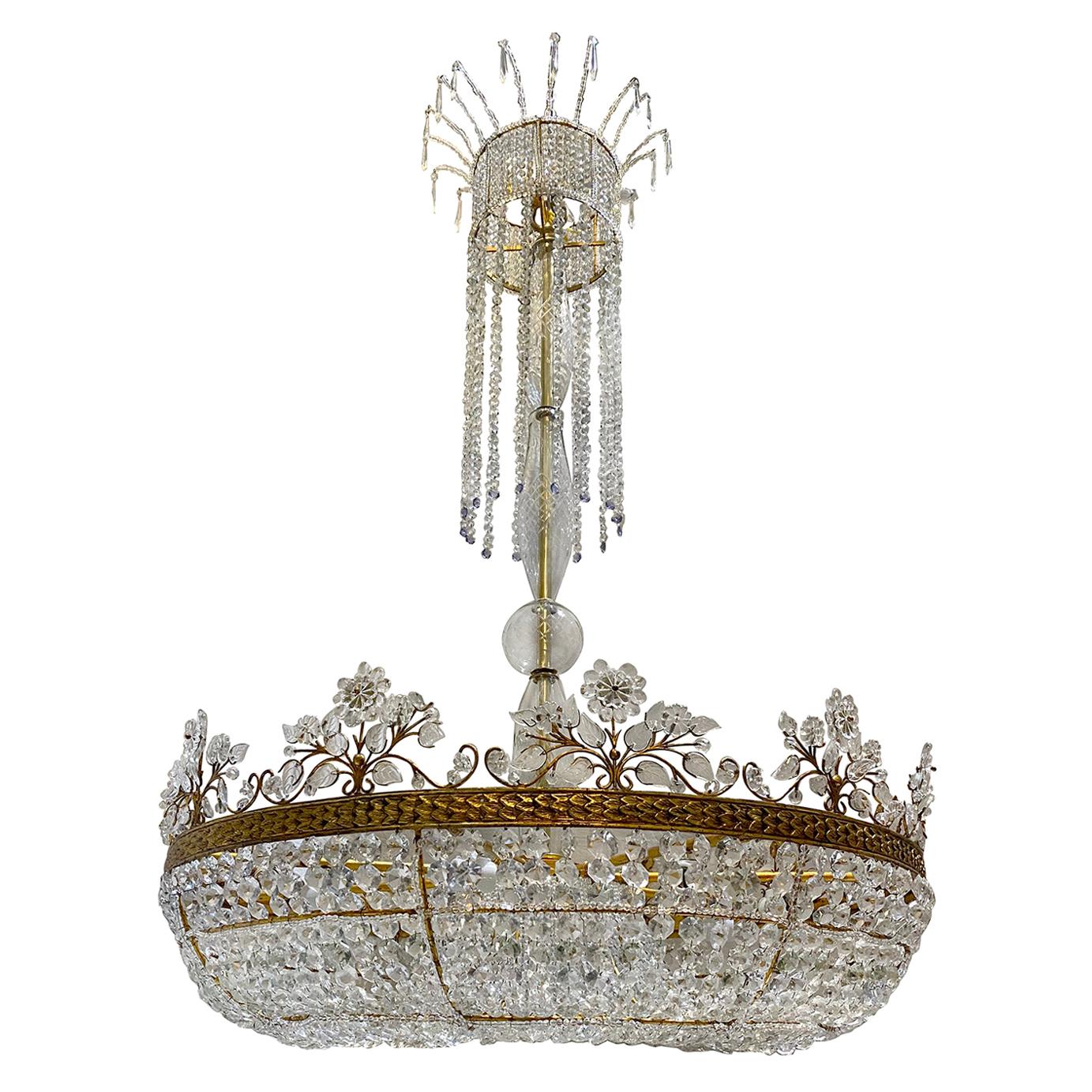 Grand-Scale Gilt Metal and Crystals Chandelier with Glass Leaves and Flowers