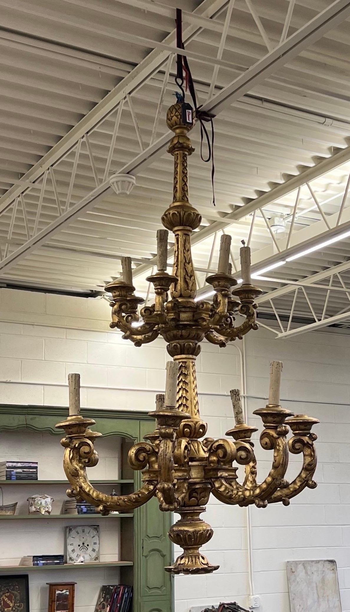 Grand Scale Late 19th Century Double Tier Italian Giltwood Chandelier In Good Condition For Sale In Charleston, SC