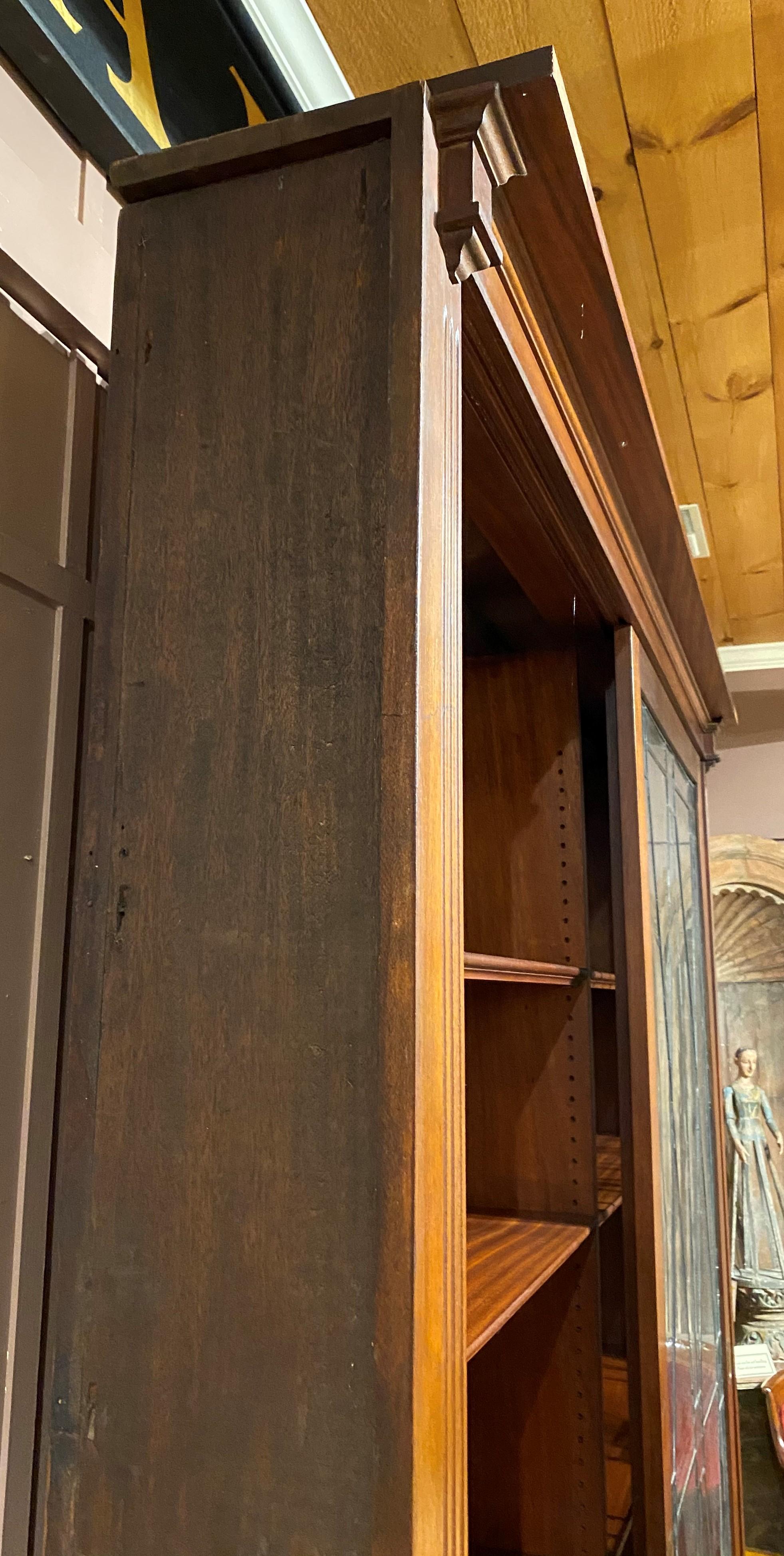 Grand Scale Mahogany Custom Bookcase with Leaded Glass Sliding Doors For Sale 1