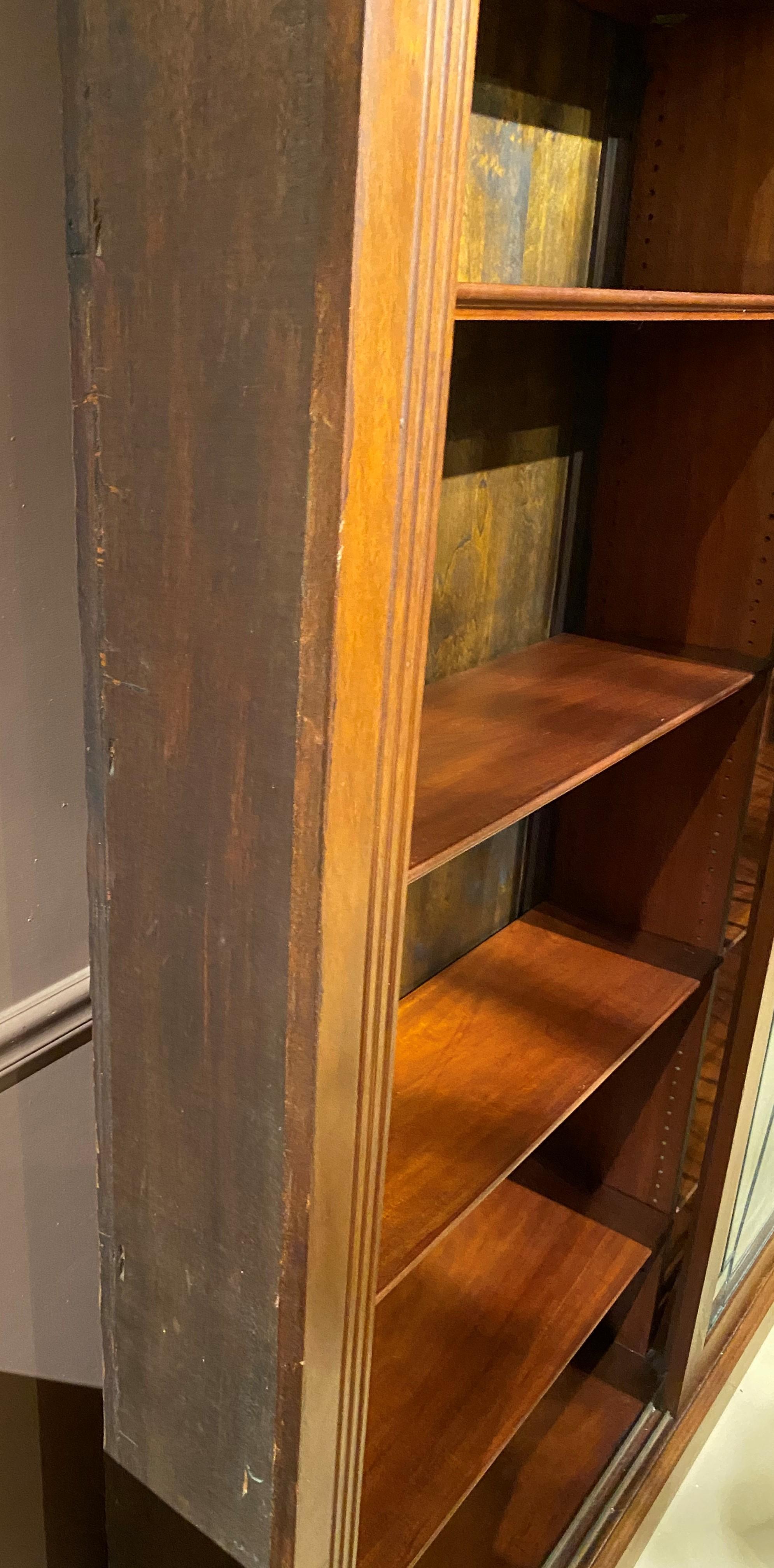 Grand Scale Mahogany Custom Bookcase with Leaded Glass Sliding Doors For Sale 2