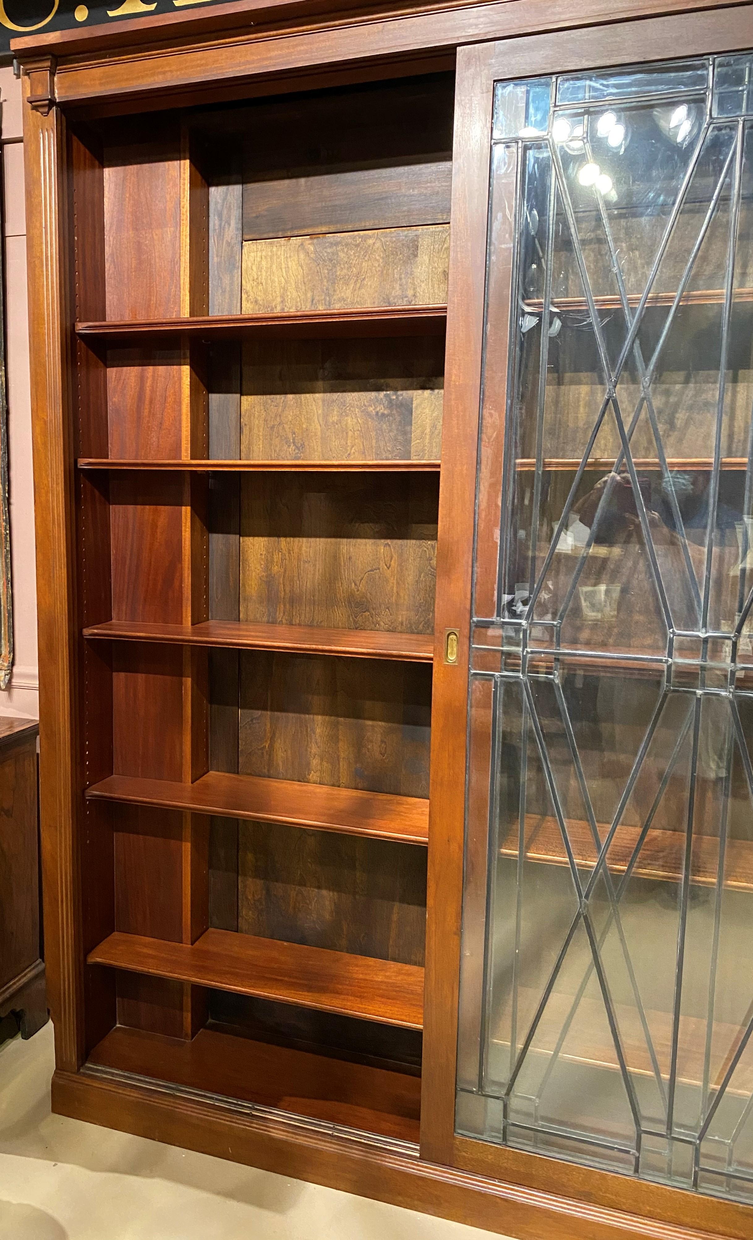 Hand-Crafted Grand Scale Mahogany Custom Bookcase with Leaded Glass Sliding Doors For Sale
