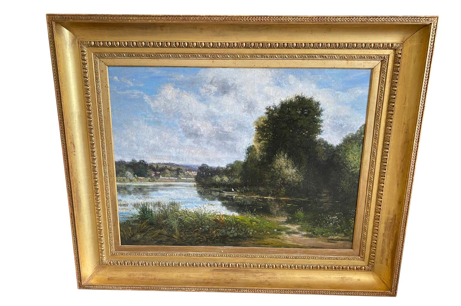 A very stunning and grand scale Barbizon Oil Painting from the mid-19th century origining near Normandy, France. Wonderful detailing and brushwork. This beautiful painting is housed in an equally beautiful frame.