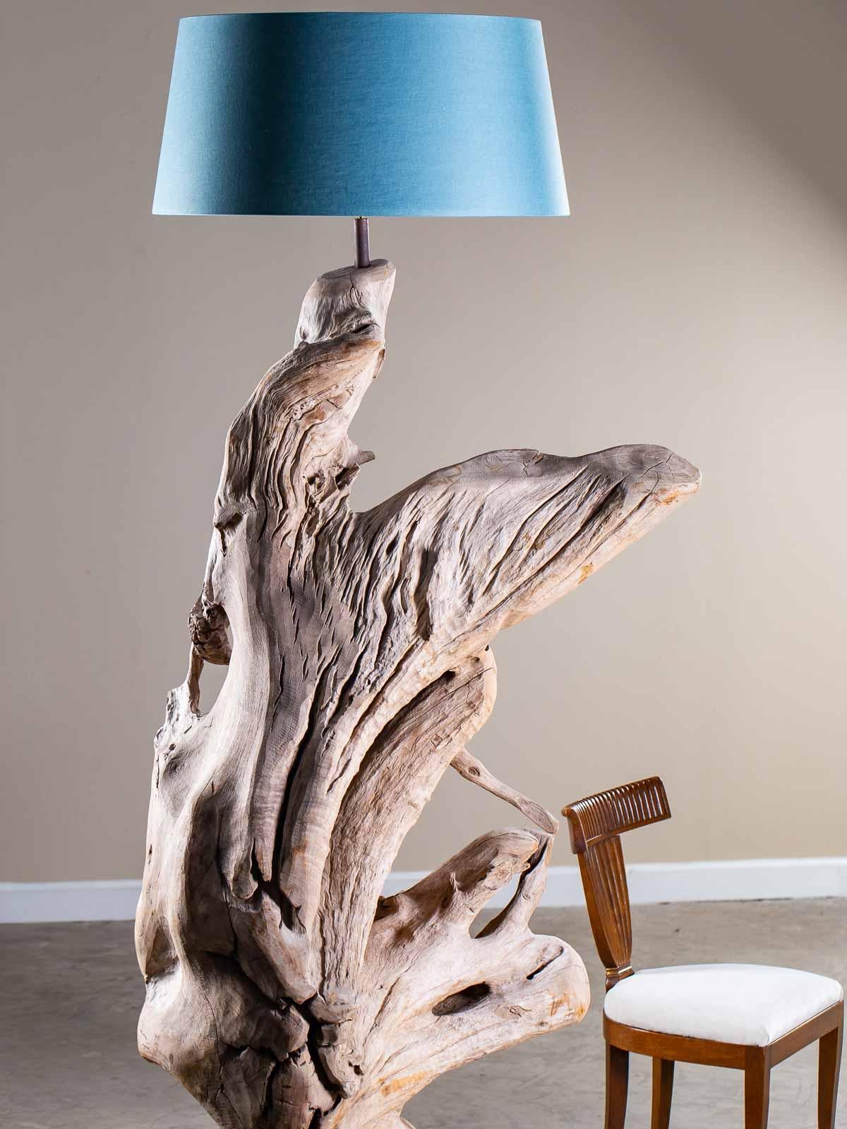 Hand-Crafted Grand Scale Organic Modern Beach Driftwood Floor Lamp Custom Shade For Sale