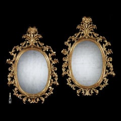 Grand Scale Pair of 19th Century Oval Florentine Carved Giltwood Mirrors