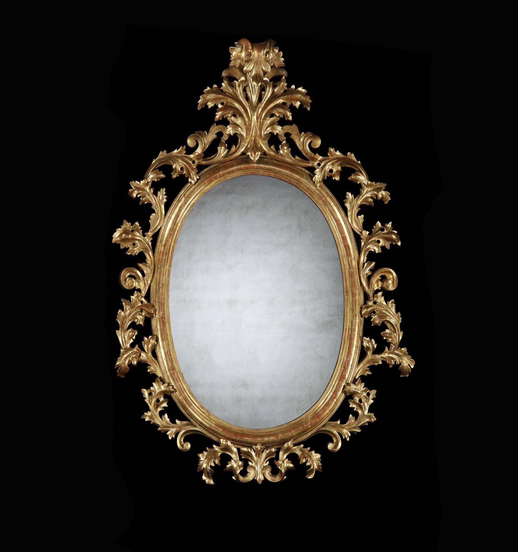 Grand Scale Pair of 19th Century Oval Florentine Carved Giltwood Mirrors  1