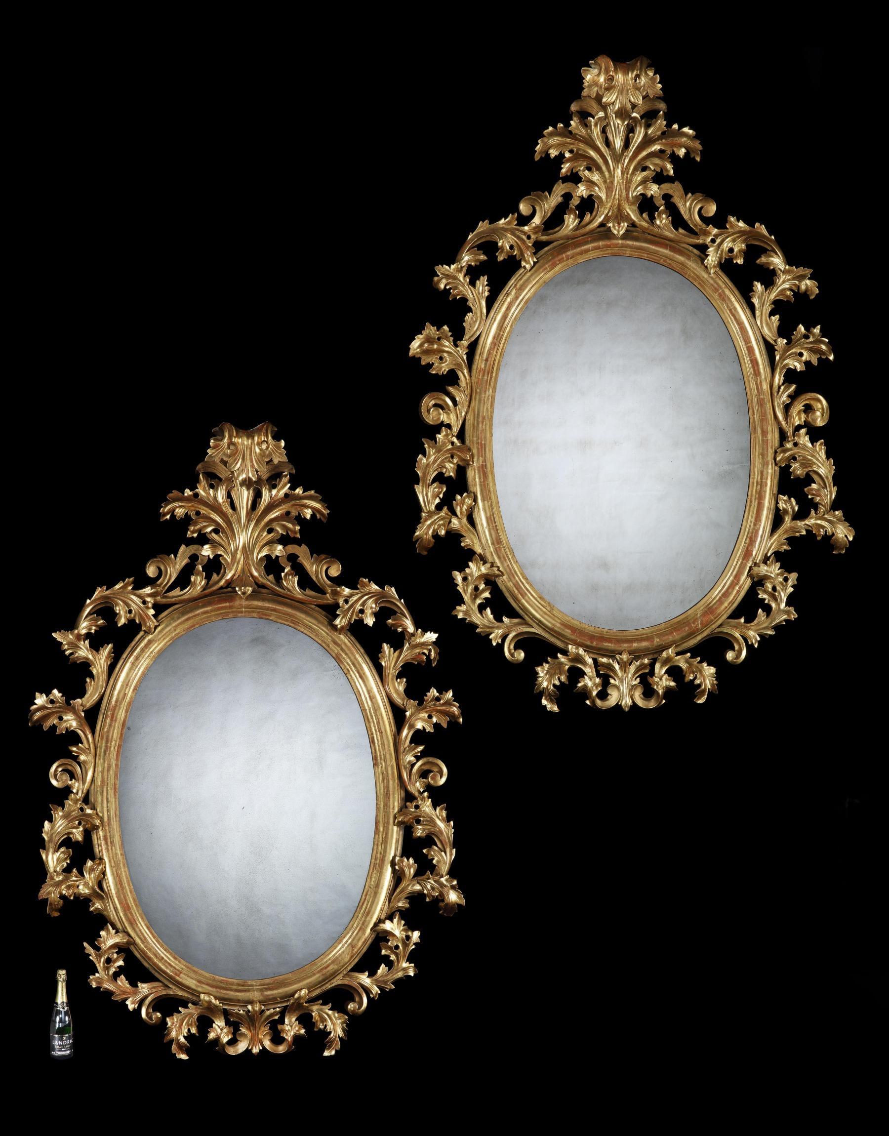 Grand Scale Pair of 19th Century Oval Florentine Carved Giltwood Mirrors  3