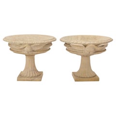 Grand Scale Pair of Hand-Carved Stone Pedestal Urns with Bird Motifs — 20th Cent