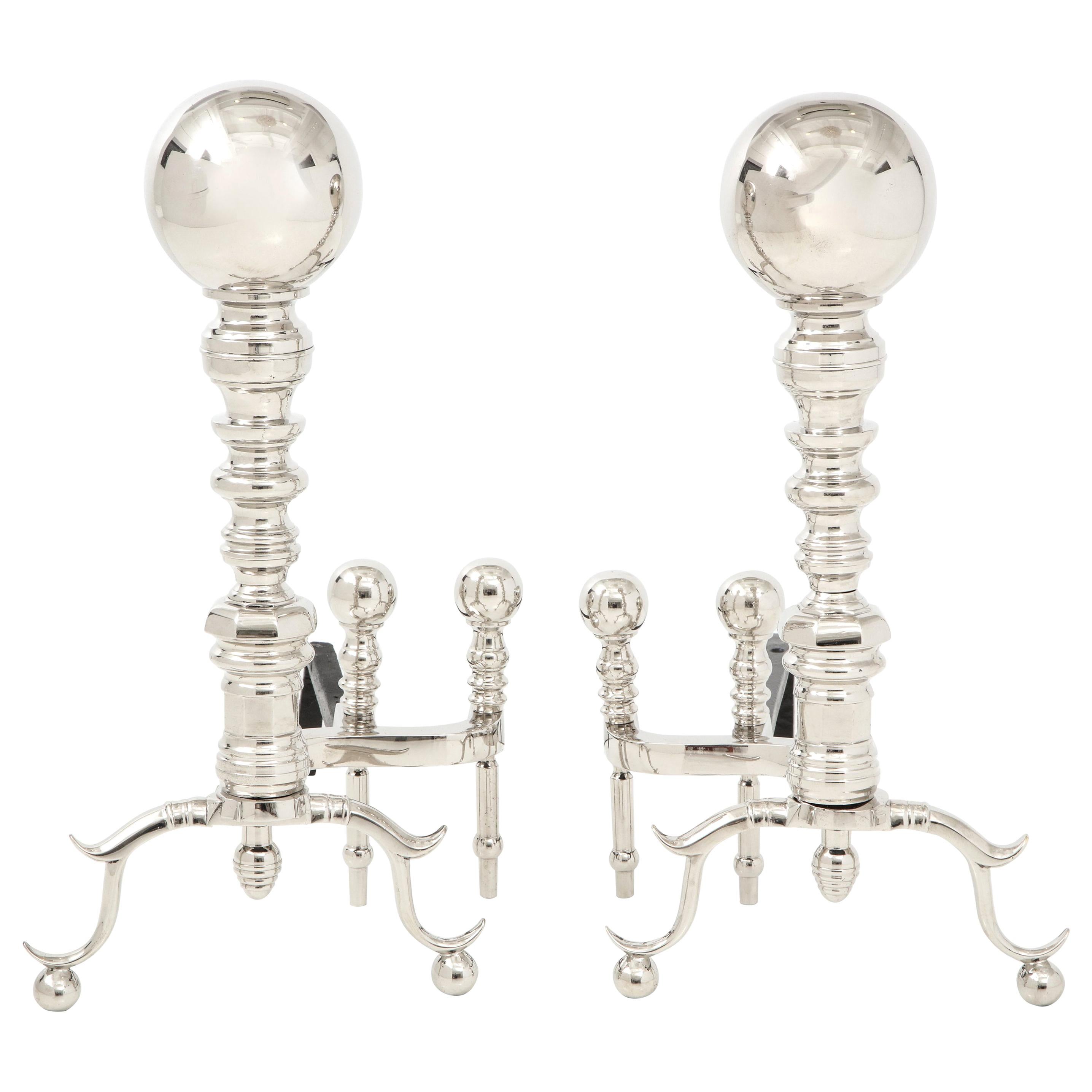Grand Scale Polished Nickel Cannonball Andirons