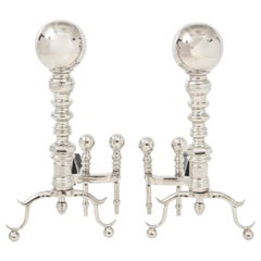 Grand Scale Polished Nickel Cannonball Andirons