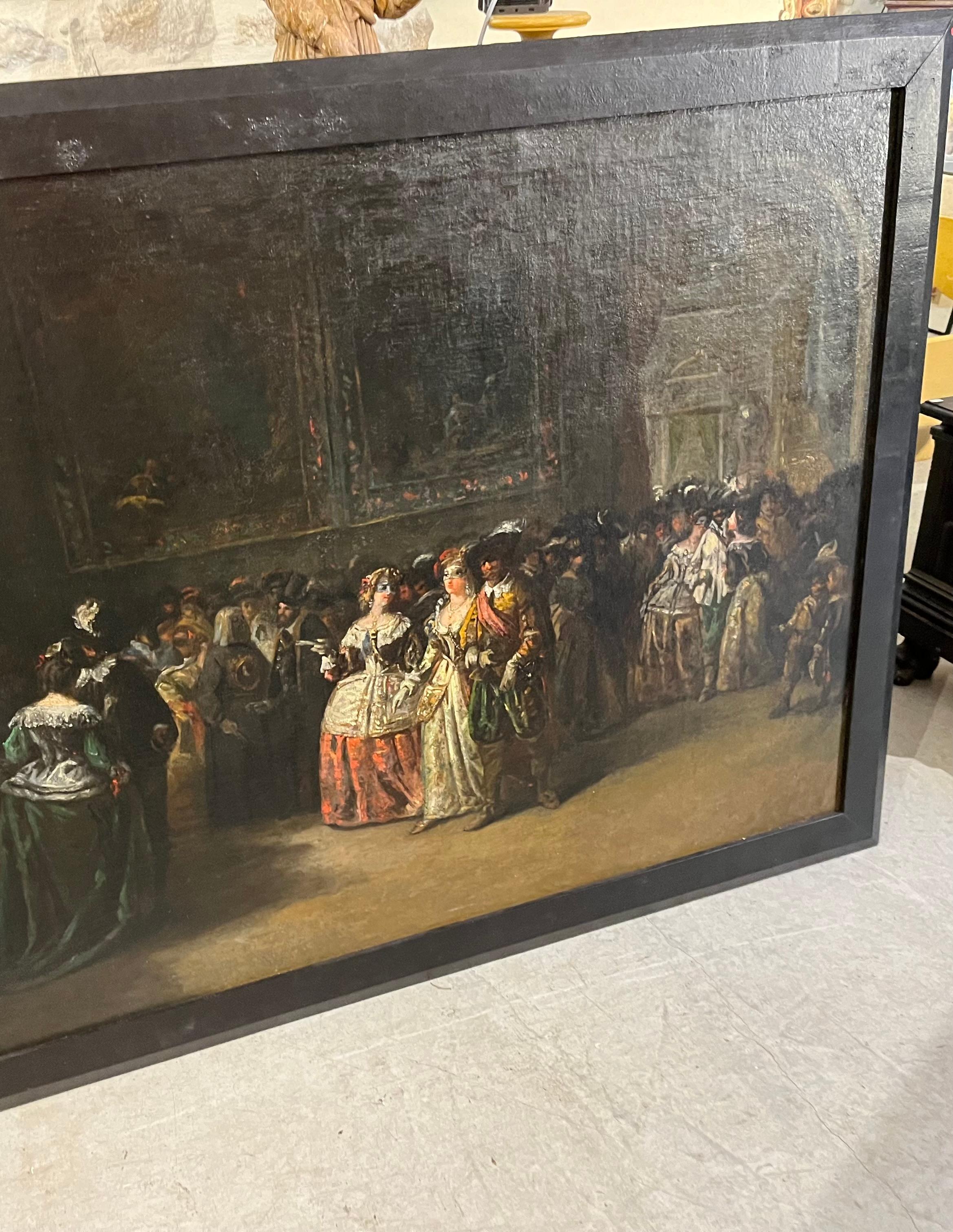 An exceptional and outstanding 17th century Oil On Canvas Painting from Madrid, Spain.  Wonderfully executed in the style of Velazquez, depicting a Masquerade Ball.  The chiaroscuro and composition create a very mysterious mood.  Wonderful