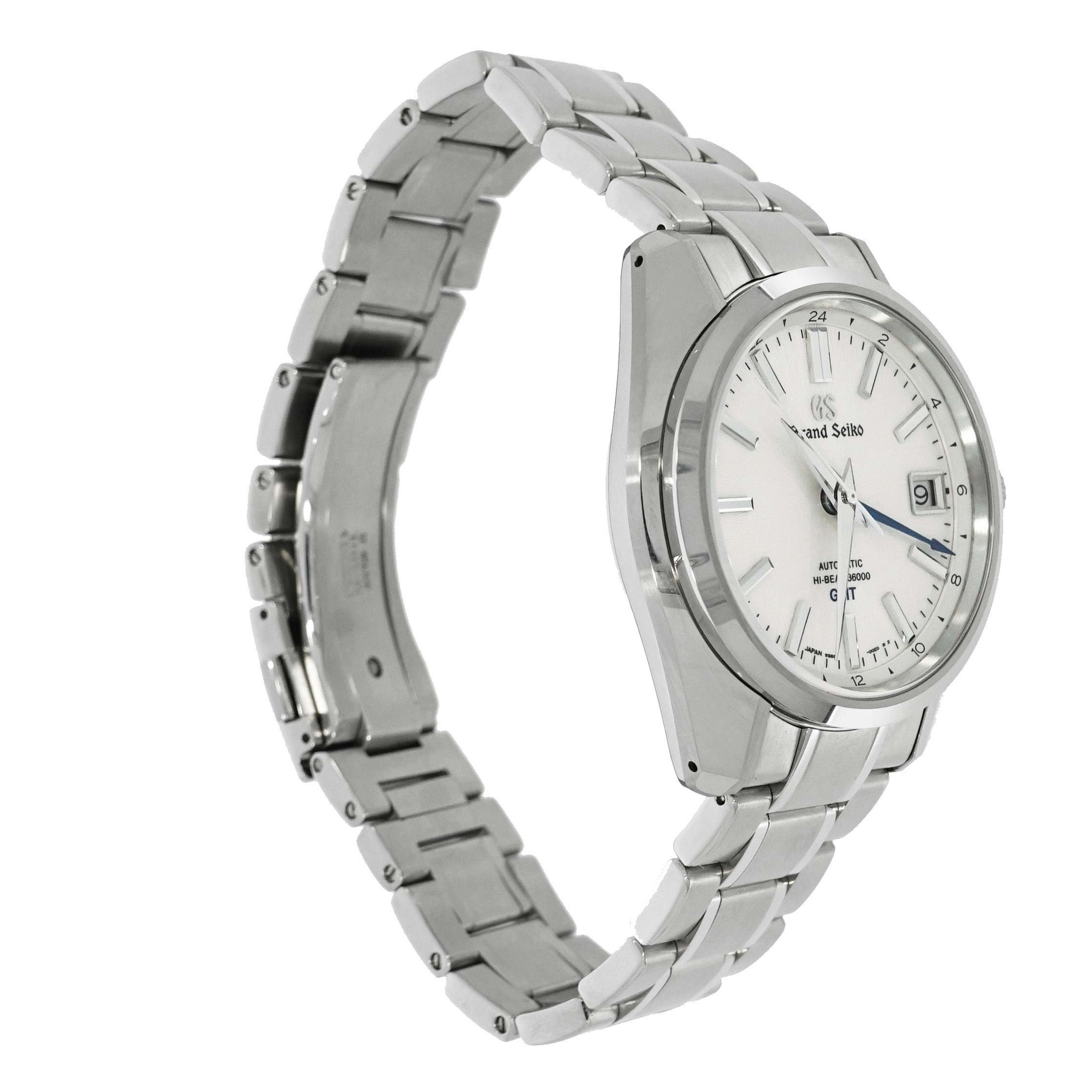 Grand Seiko was established in 1960 to pursuit their goal of creating the ‘ideal’ watch. 
The emphasis was on standard of precision, durability and beauty.
This Stainless Steel Grand Seiko GMT Hi-Beat (SBGJ201), features a silver dial inspired by
