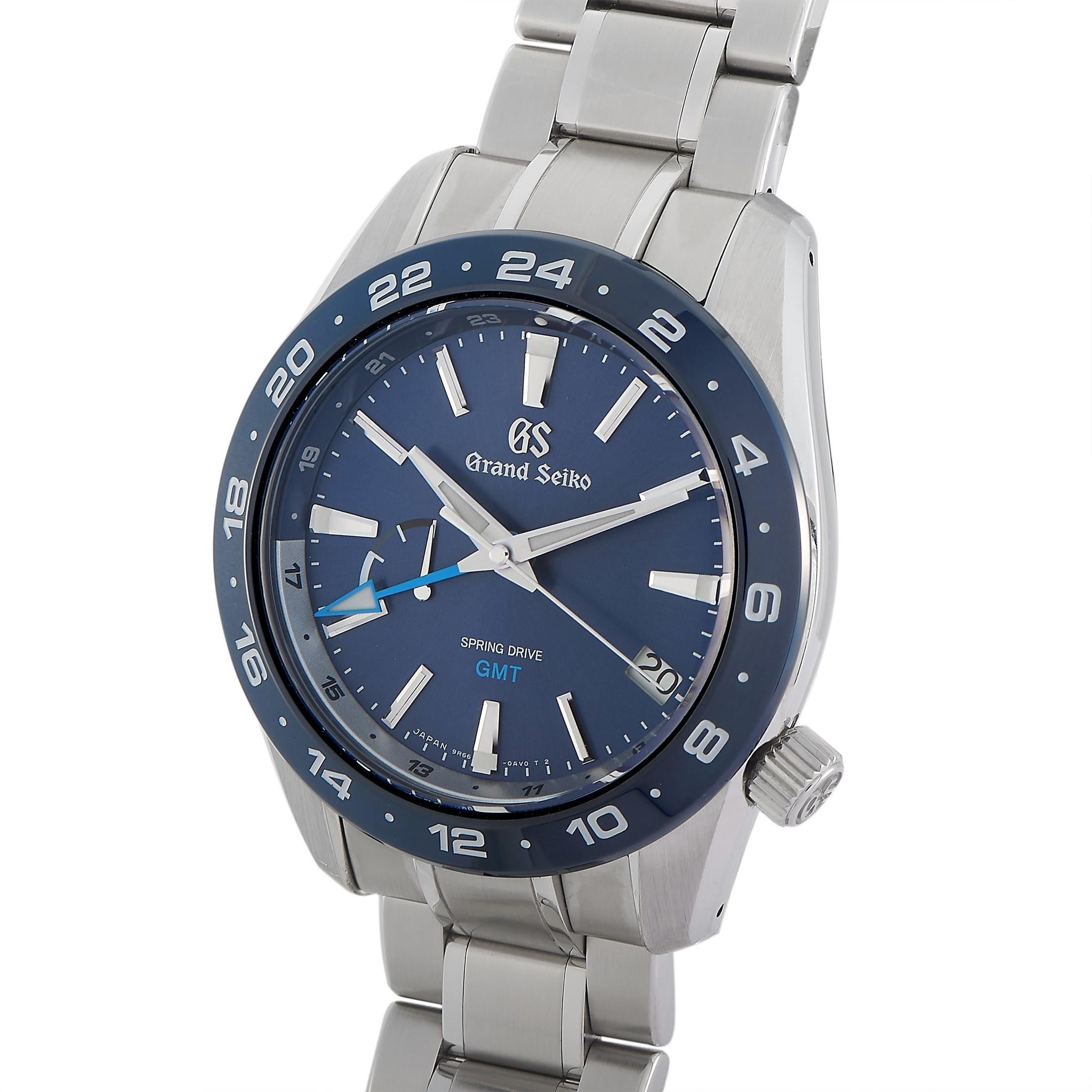 The Grand Seiko Sport Collection Spring Drive GMT Watch, reference number SBGE255, adds luxury to a classic design.

Sporty and stylish, this Grand Seiko features a 40.5mm case that is crafted from stainless steel. The blue ceramic bezel - which