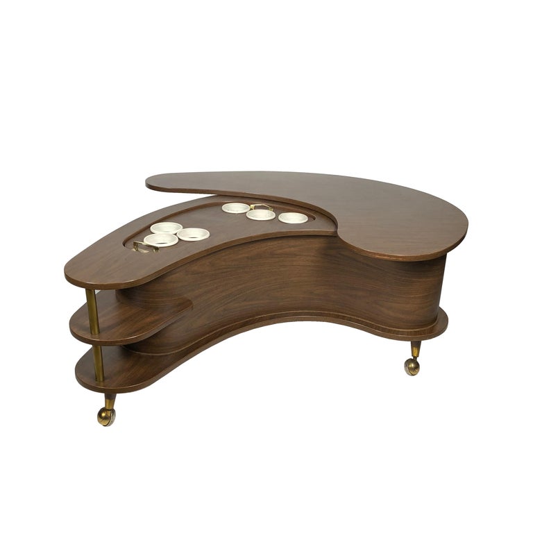 Grand Server Boomerang Kidney Shaped Walnut Coffee Table Bar