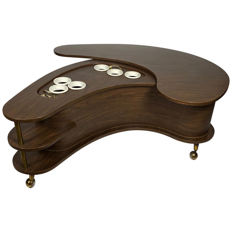 Grand Server Boomerang Kidney Shaped Walnut Coffee Table Bar Cabinet 1960s For Sale At 1stdibs