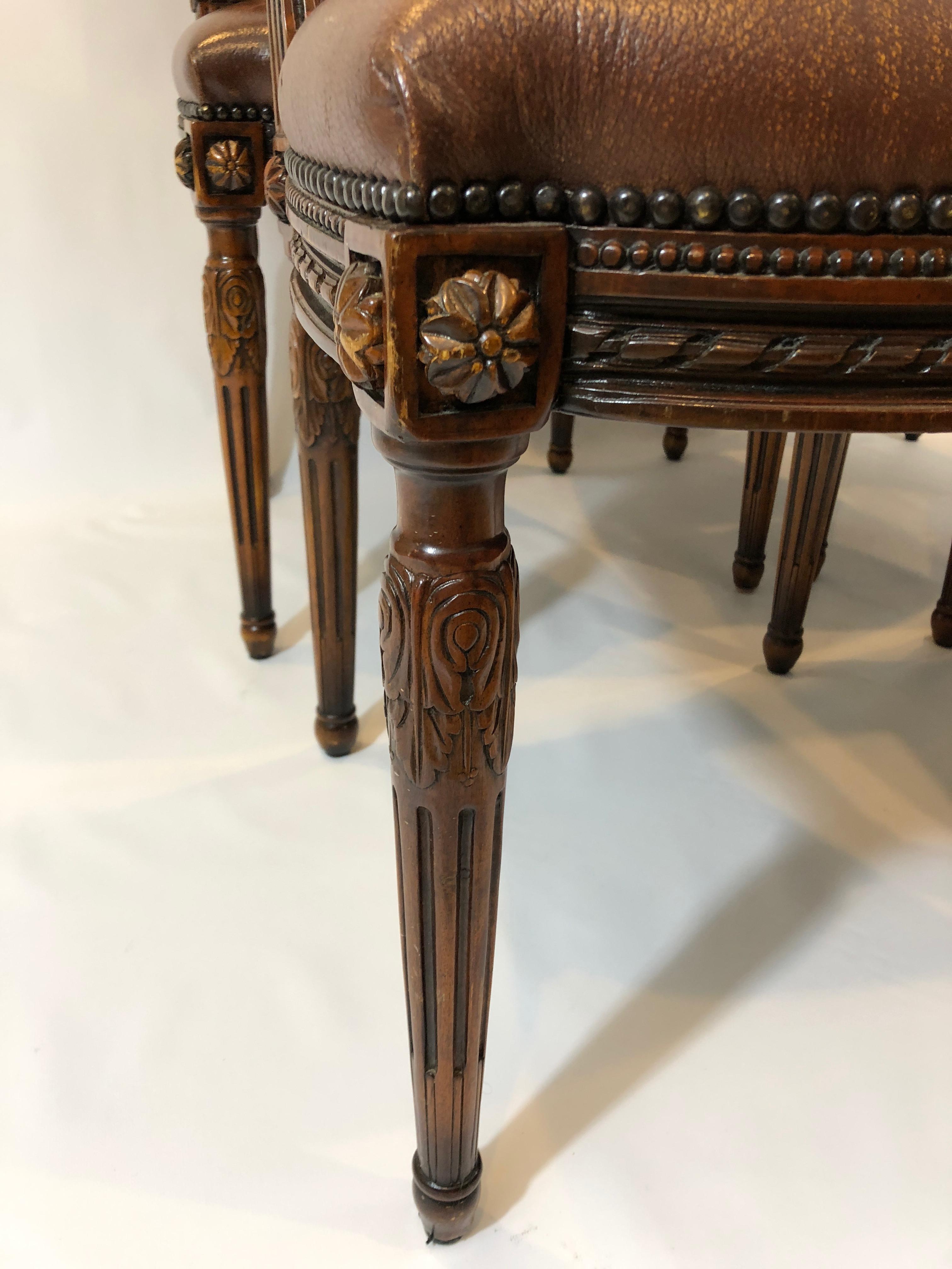 Grand Set of 4 Theodore Alexander Carved Walnut and Leather Side Dining Chairs 1
