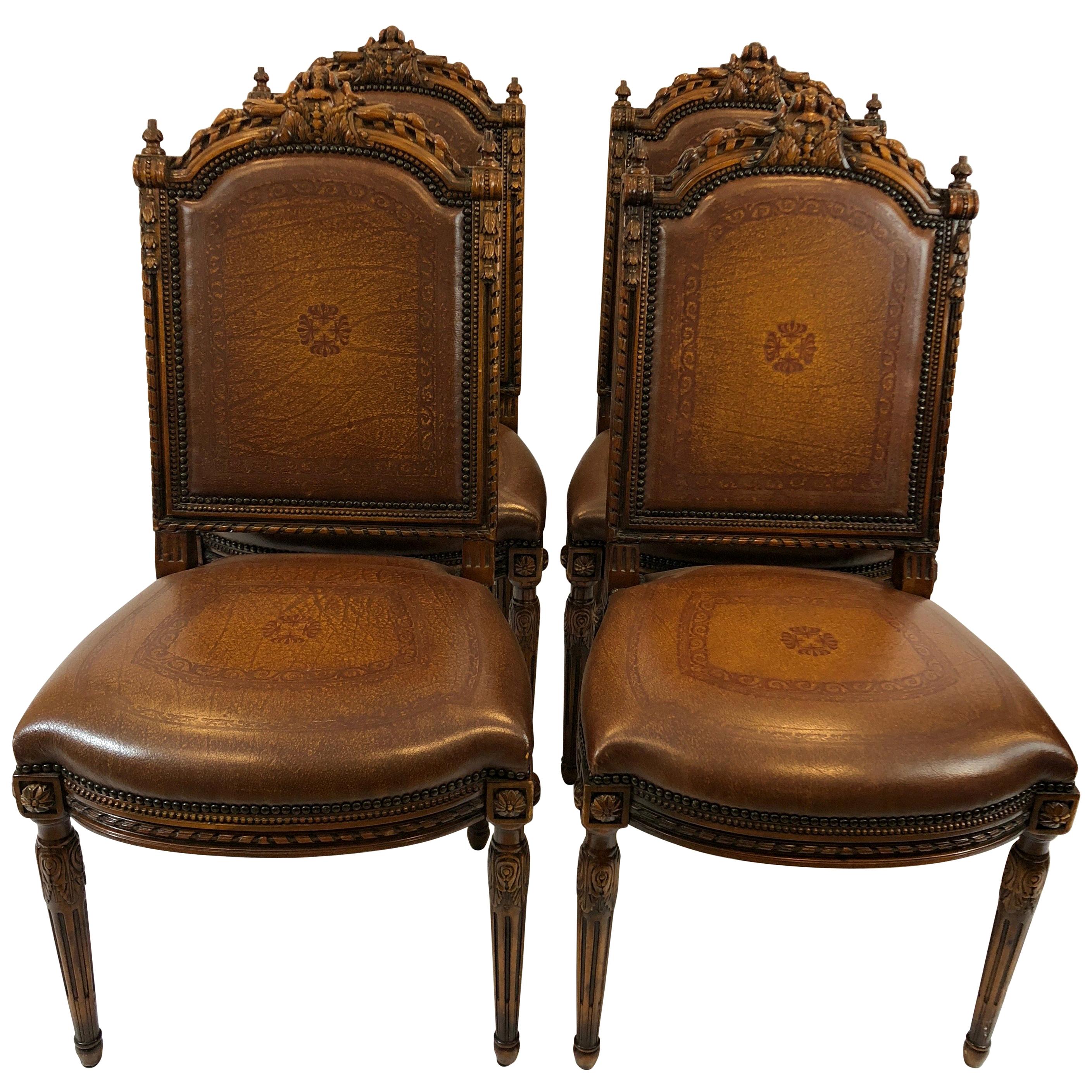 Grand Set of 4 Theodore Alexander Carved Walnut and Leather Side Dining Chairs