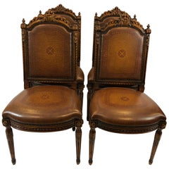 Grand Set of 4 Theodore Alexander Carved Walnut and Leather Side Dining Chairs