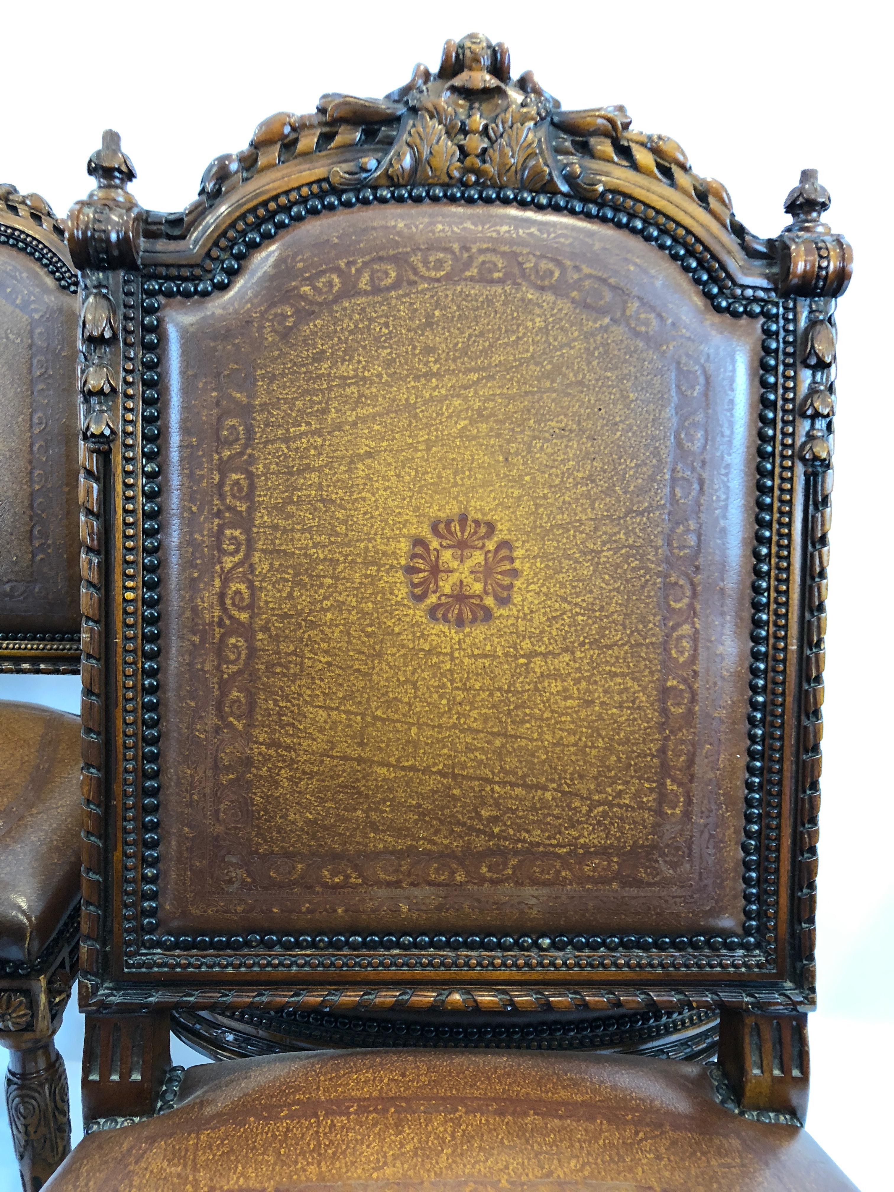 American Grand Set of 4 Jacobean Style Carved Walnut and Leather Side Dining Chairs