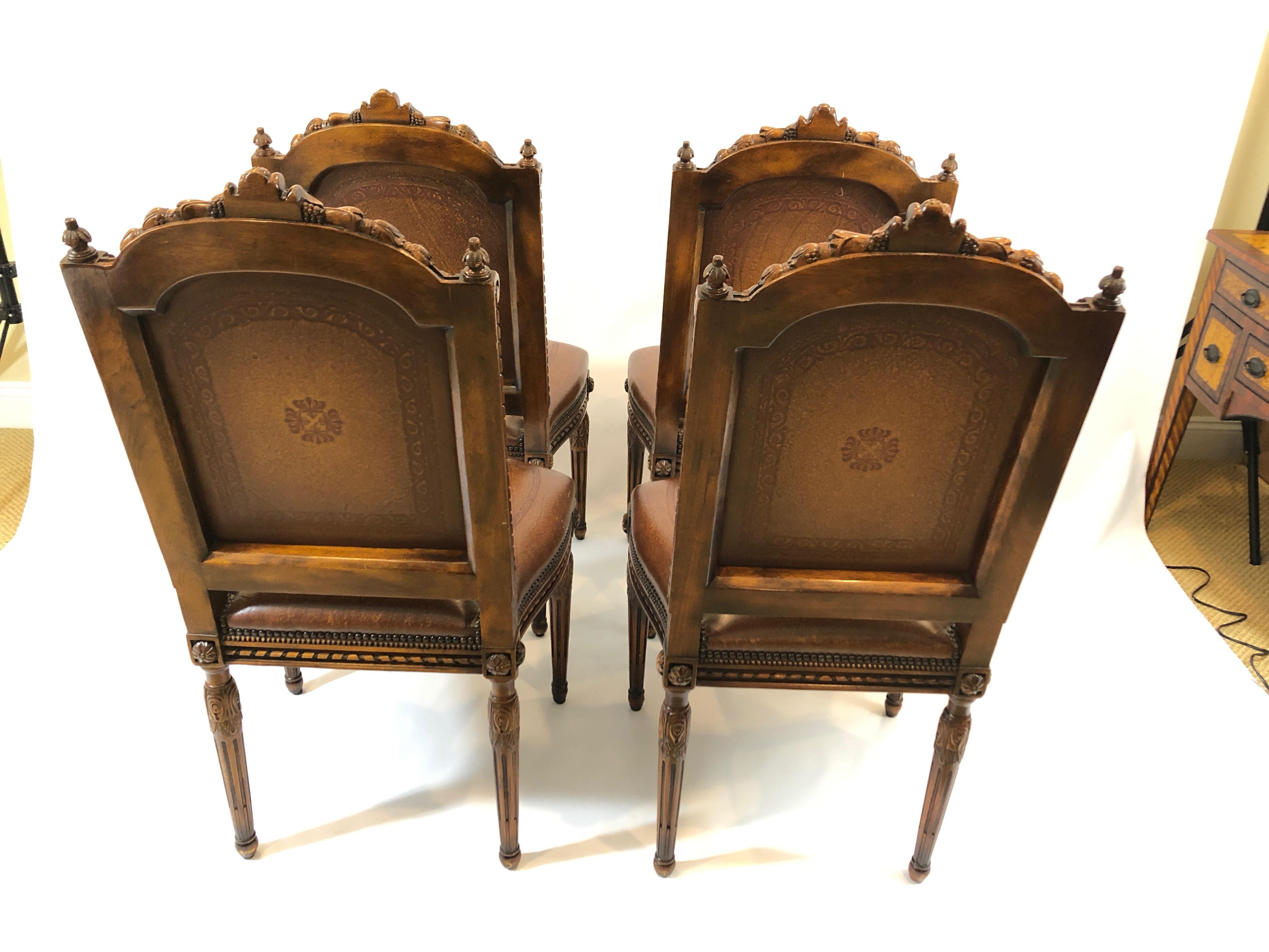 Late 20th Century Grand Set of 4 Jacobean Style Carved Walnut and Leather Side Dining Chairs
