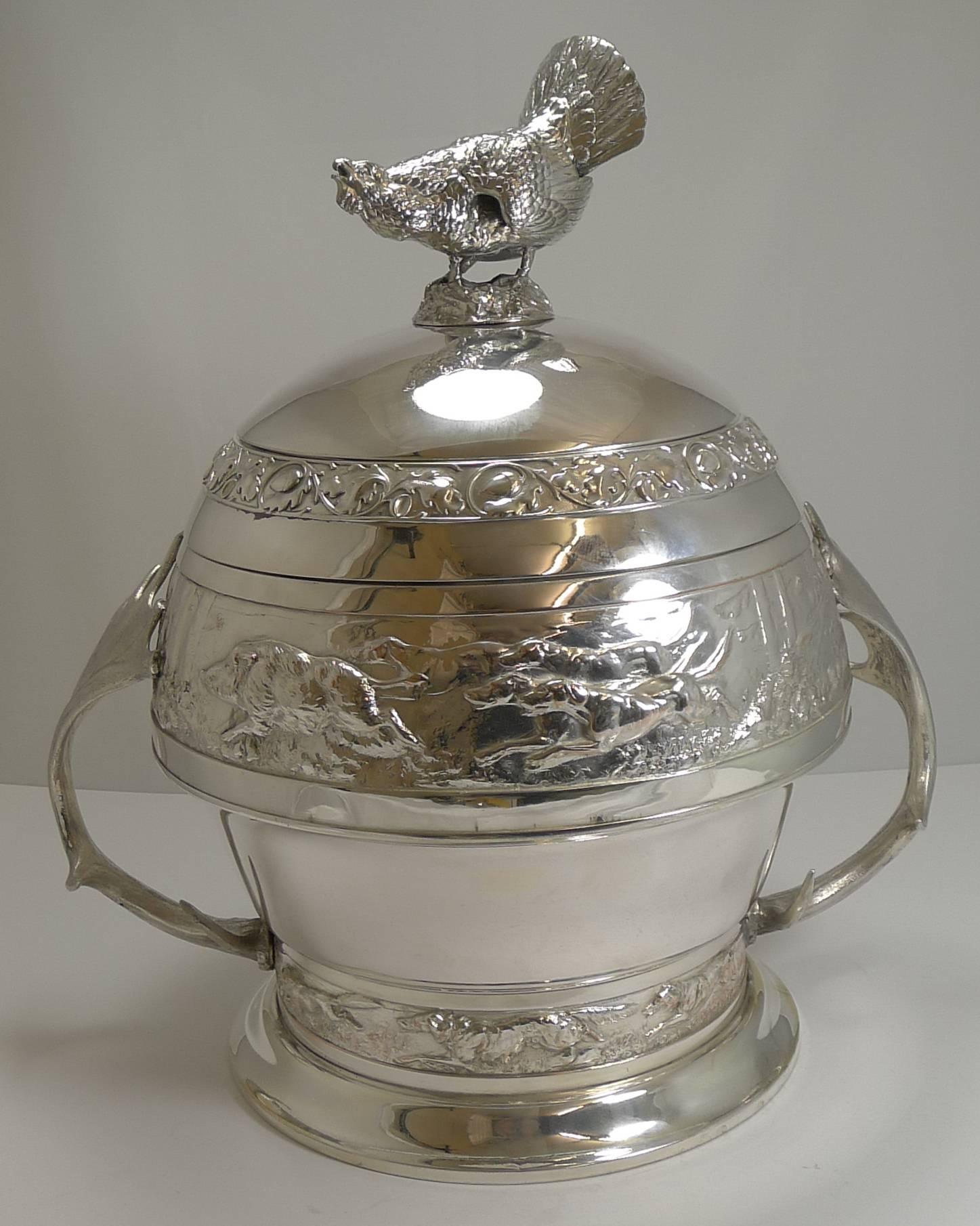 Grand Silver Plated Hunting Tureen by WMF, circa 1920, Signed 6