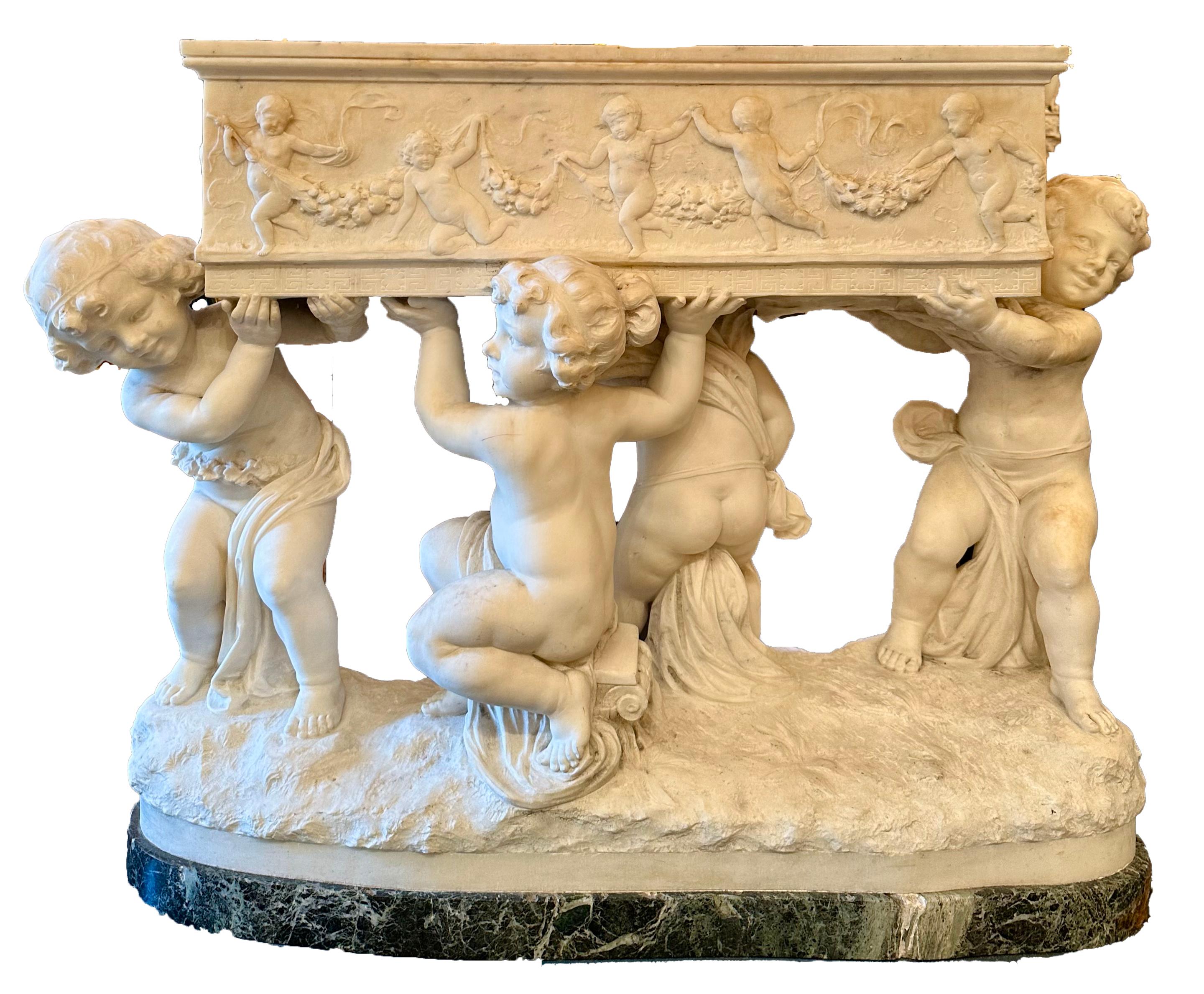 Exceptional Antique French Belle Époque Carrara Marble Jardiniere, Circa 1890-1900.  This piece is signed by artist at back bottom right.