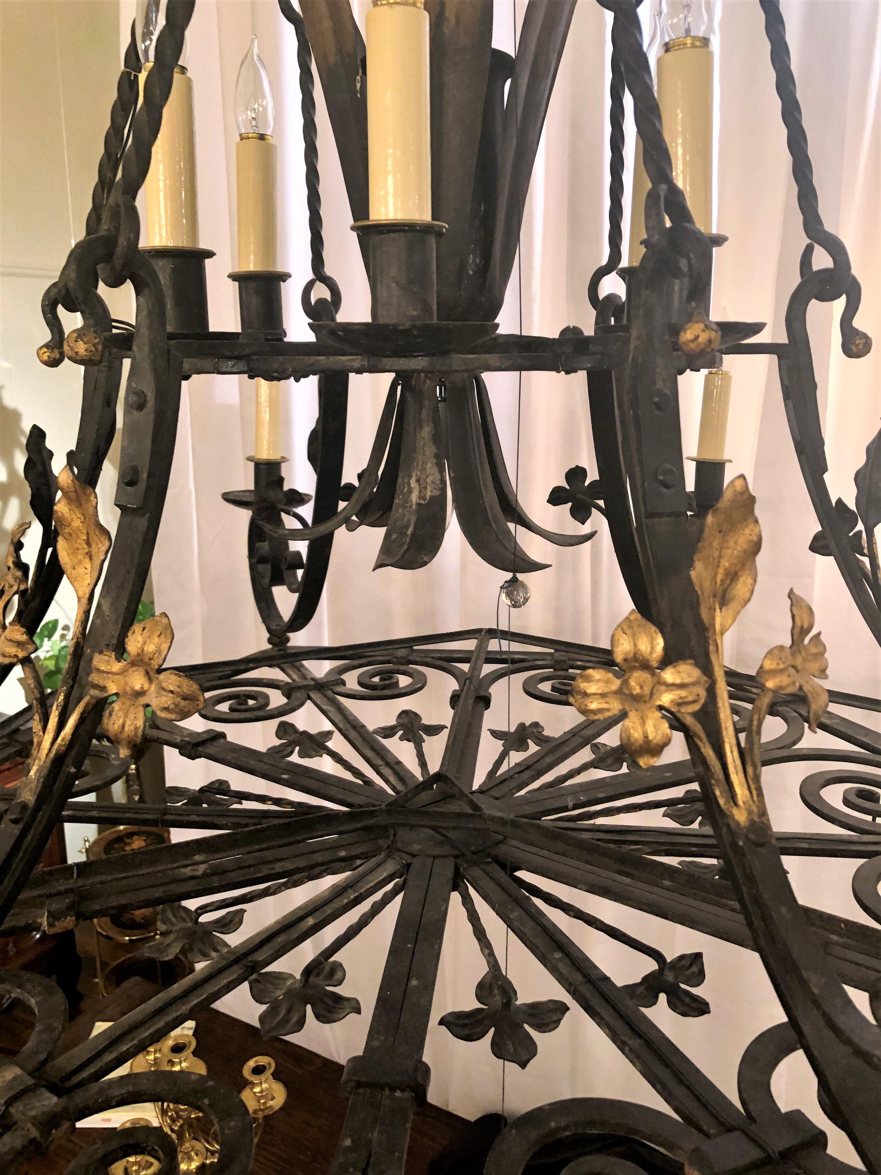 19th Century Grand Size Antique French Wrought Iron Chateau Chandelier, circa 1840