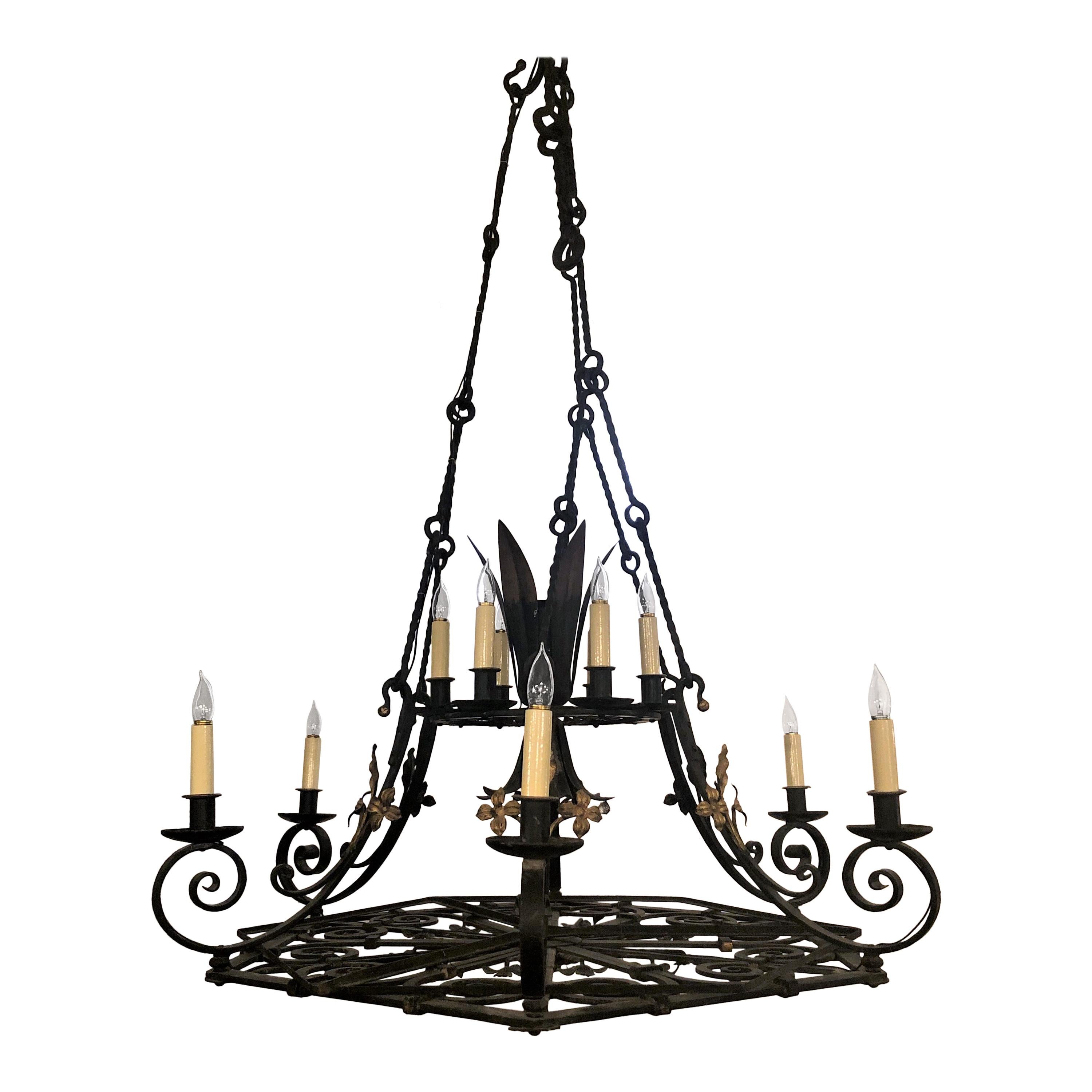 Grand Size Antique French Wrought Iron Chateau Chandelier, circa 1840