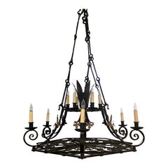 Grand Size Antique French Wrought Iron Chateau Chandelier, circa 1840