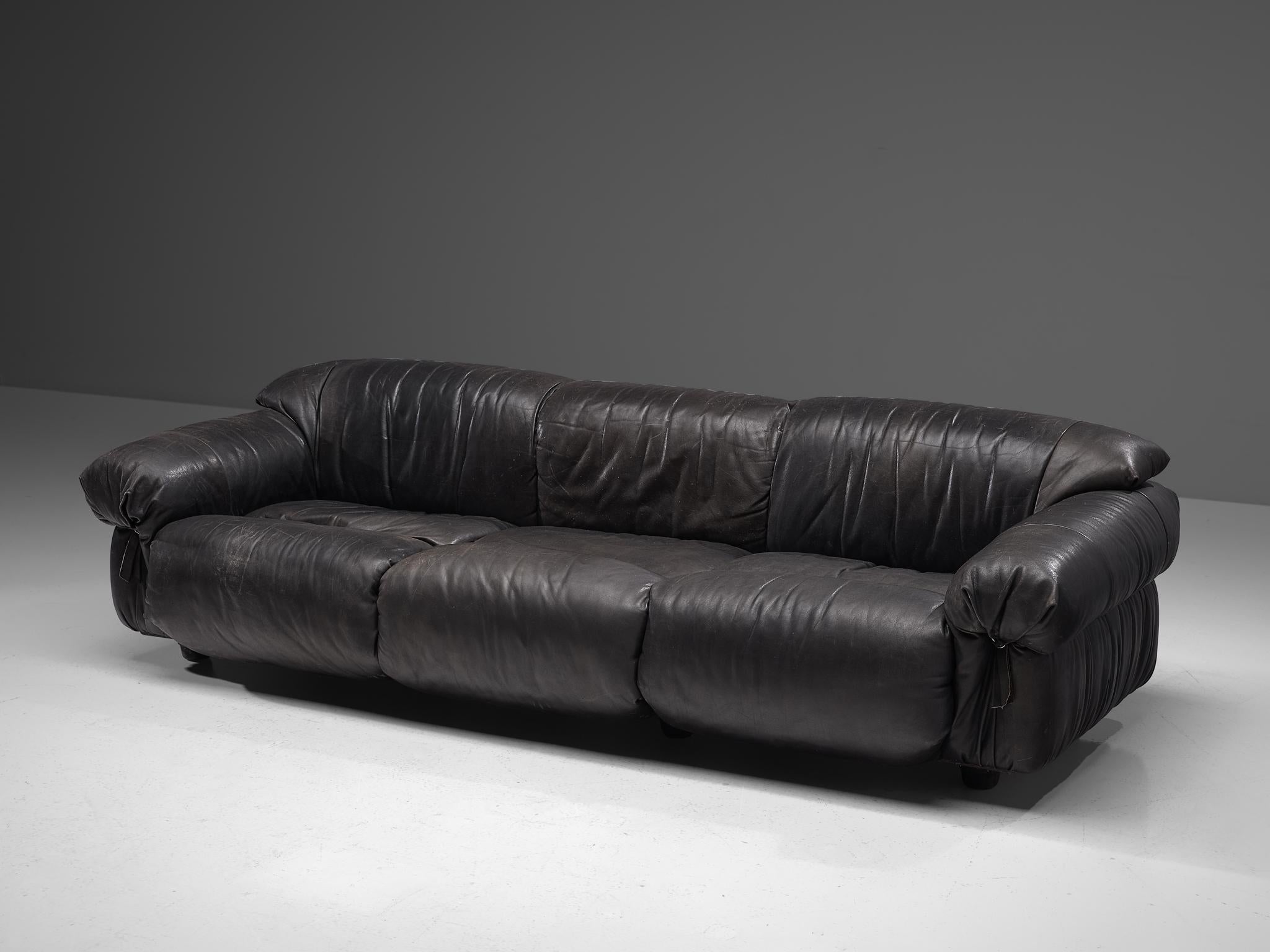 Mid-Century Modern Grand Sofa in Black Patinated Leather, 1970s