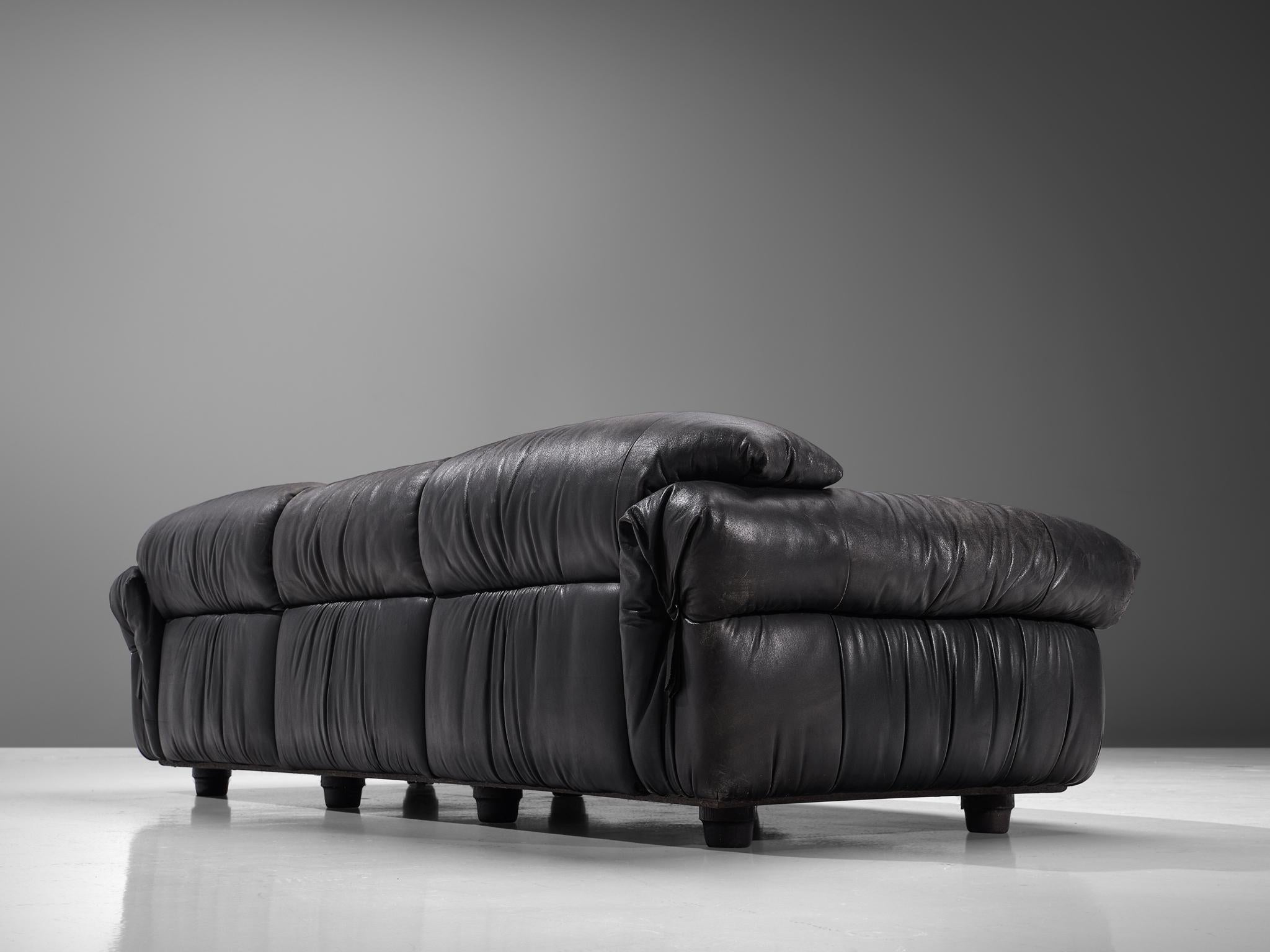 Italian Grand Sofa in Black Patinated Leather, 1970s
