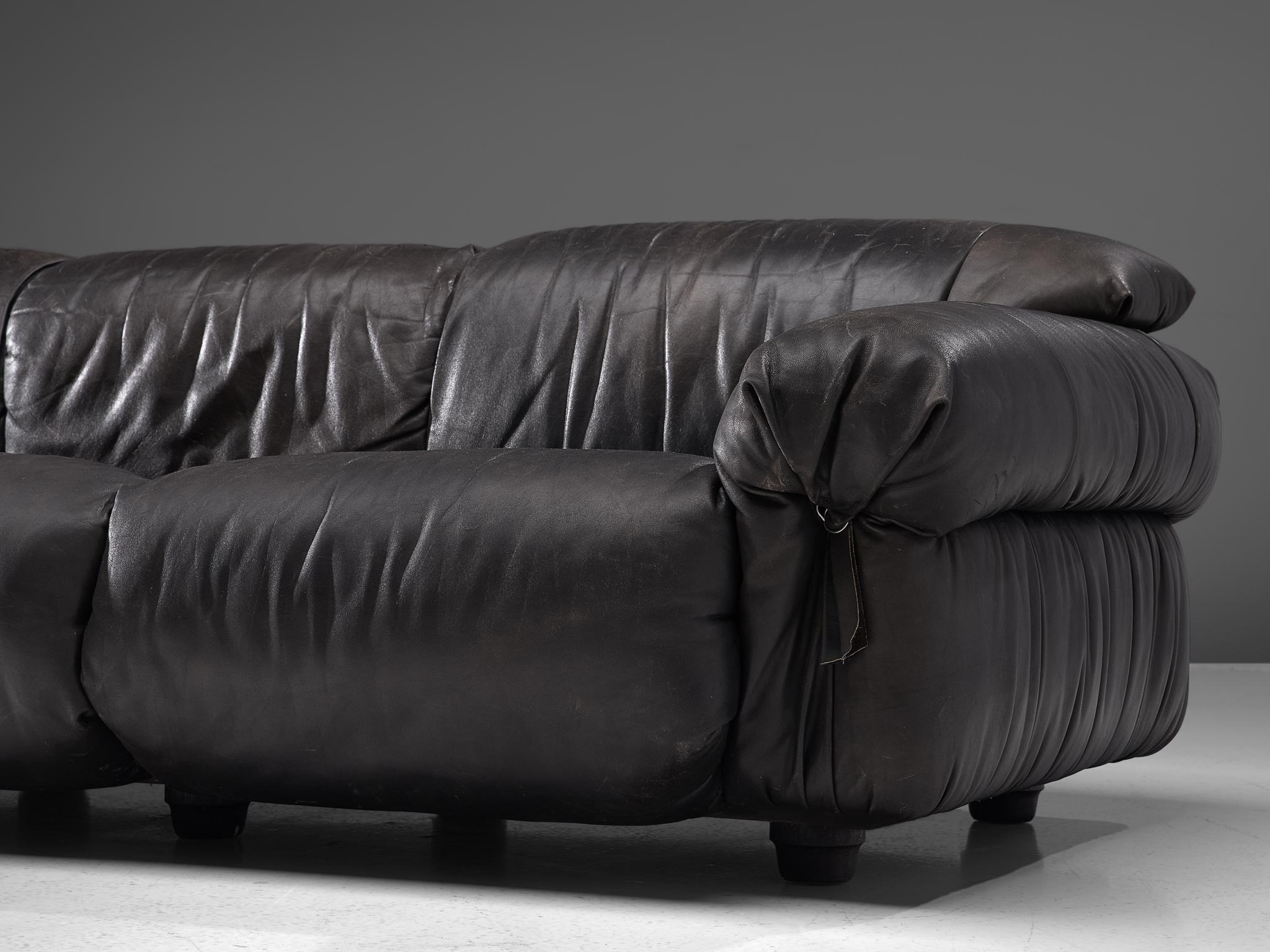 Late 20th Century Grand Sofa in Black Patinated Leather, 1970s