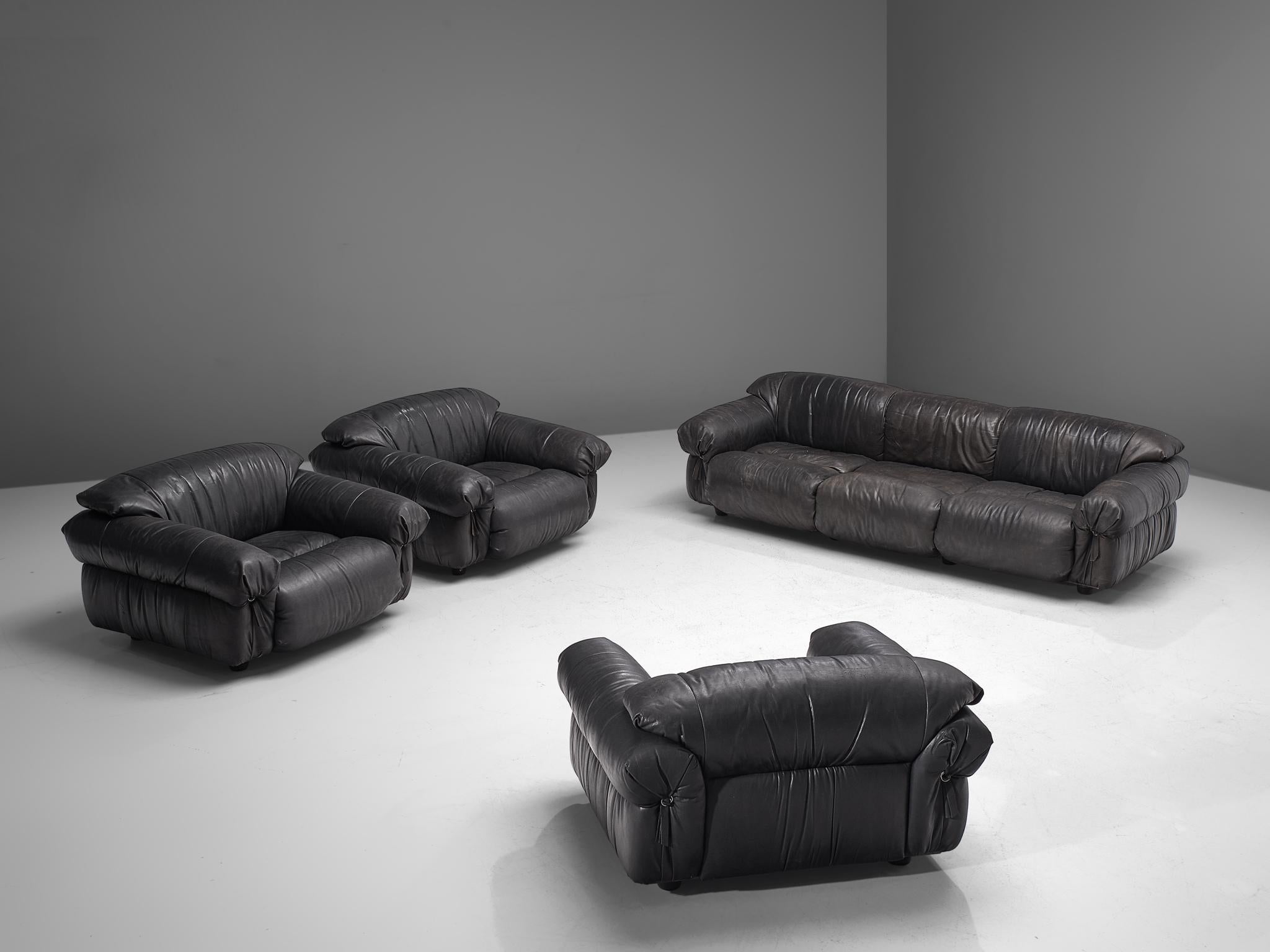Grand Sofa in Black Patinated Leather, 1970s 2