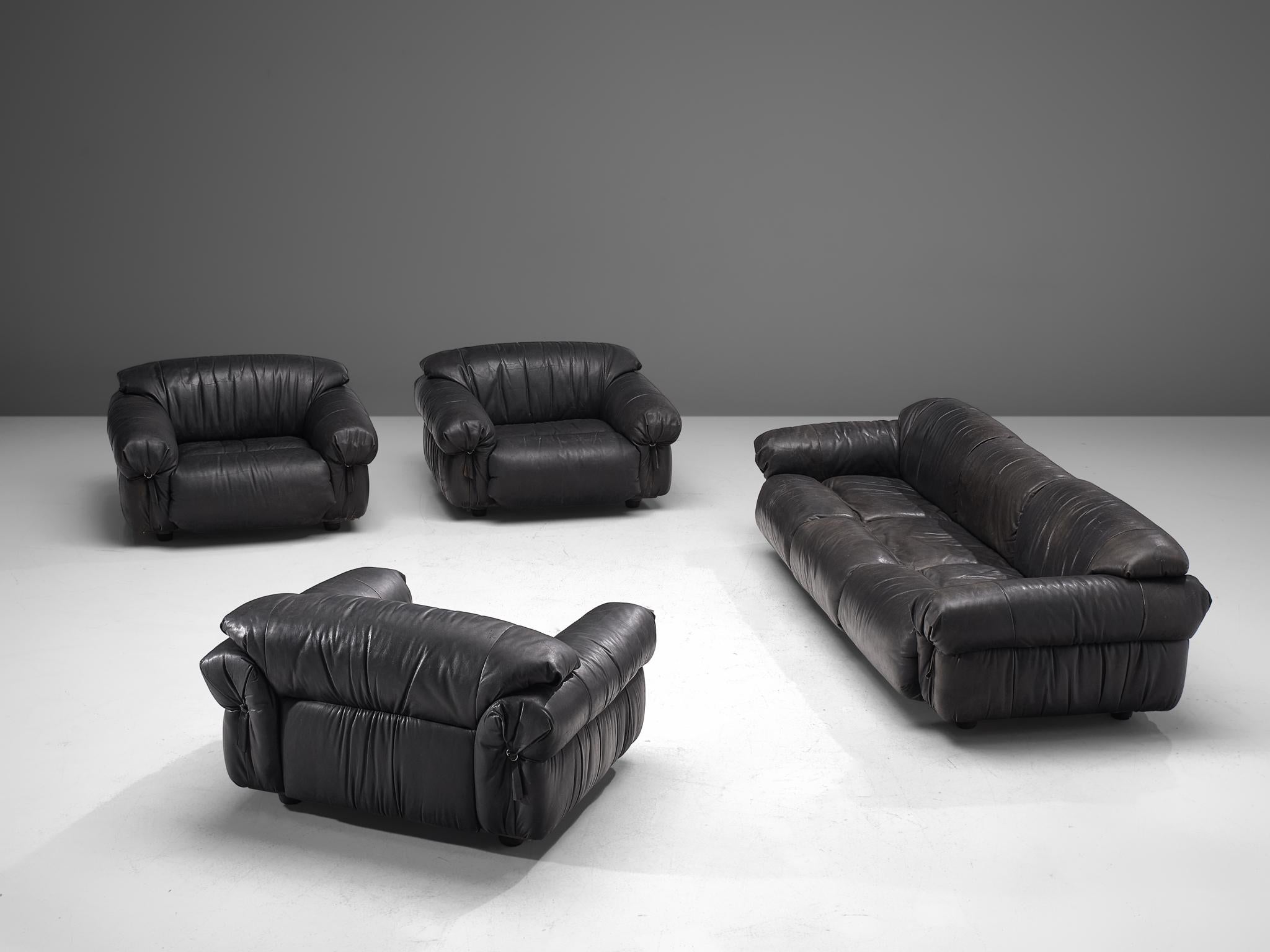 Grand Sofa in Black Patinated Leather, 1970s 3