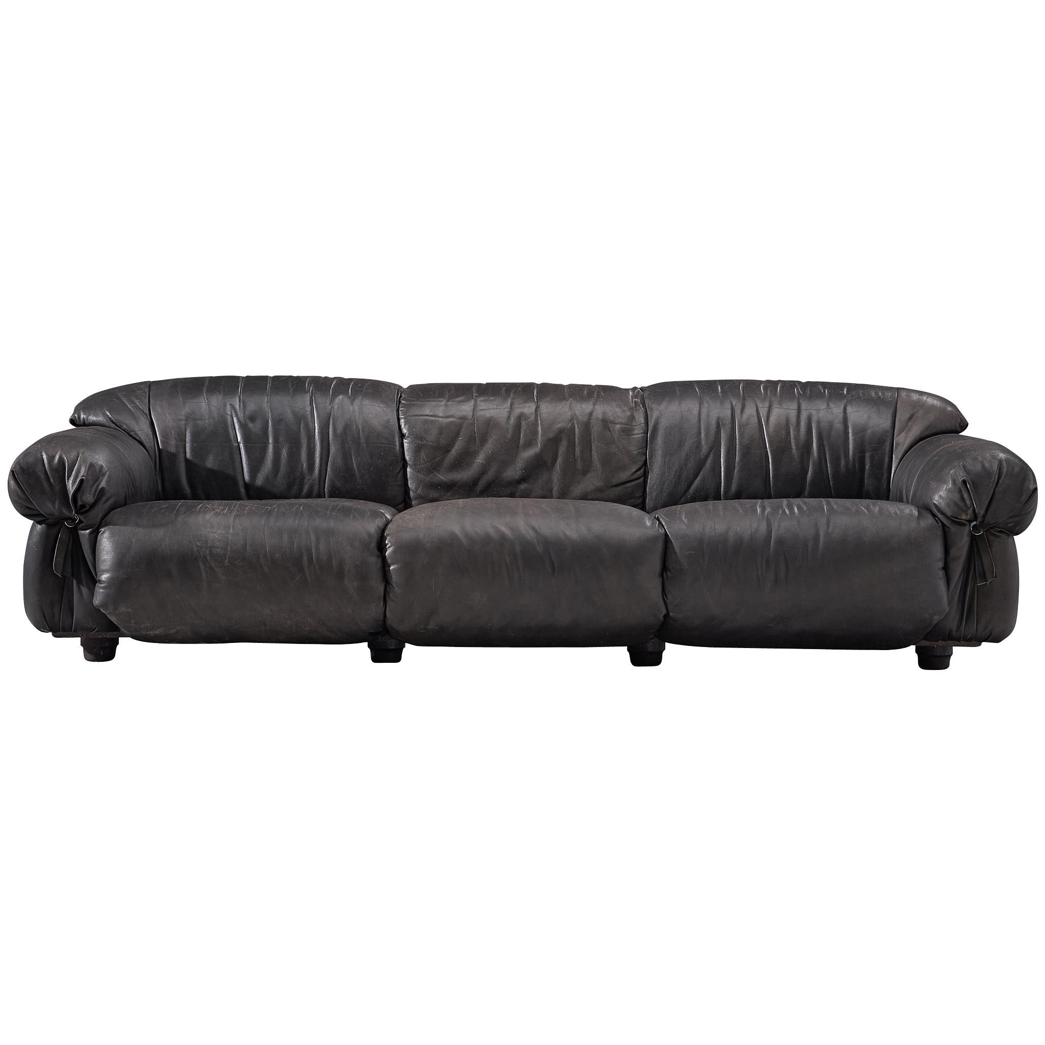 Grand Sofa in Black Patinated Leather, 1970s