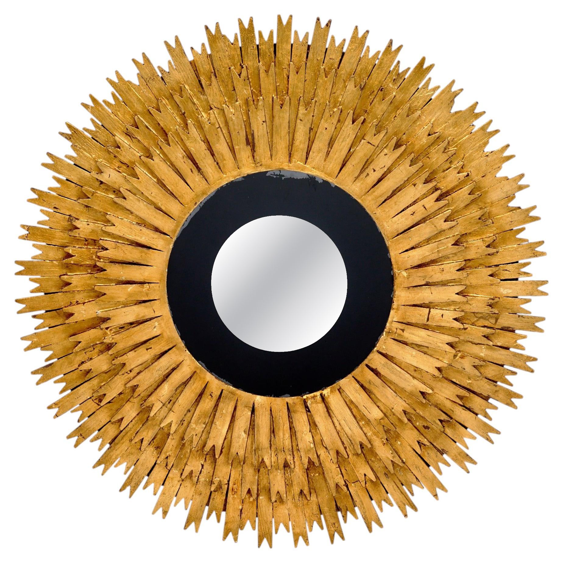 Large Spanish Sunburst Mirror, Gold Leafed Wood with Black Glass, 1980