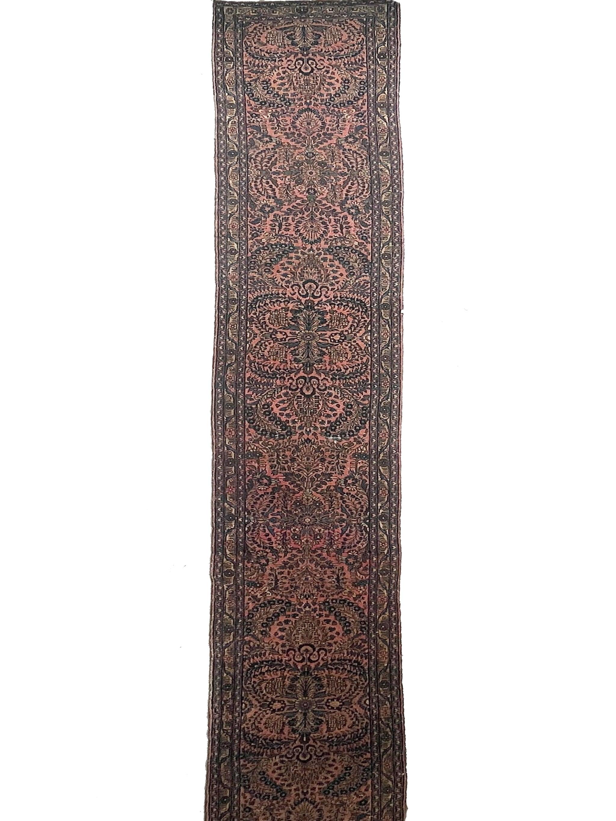 Perfect For Grand Stairway / Staircase Or Ballroom Hallway Vintage Sarouk Runner  Coral, Salmon, Moss/Sage Green, Blues, Mocha

About: Unbelievably unique size, not only in length but also in width! 2.9 feet wide is remarkably narrow and perfect for