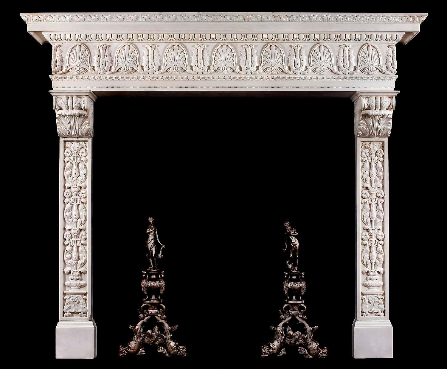 Carved Grand Statuary Marble Antique Italian Renaissance Style Fireplace Mantel