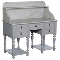 Grand Swedish 1800s Pale Grey Blue Kitchen Island Piece with Shelved Marble Top