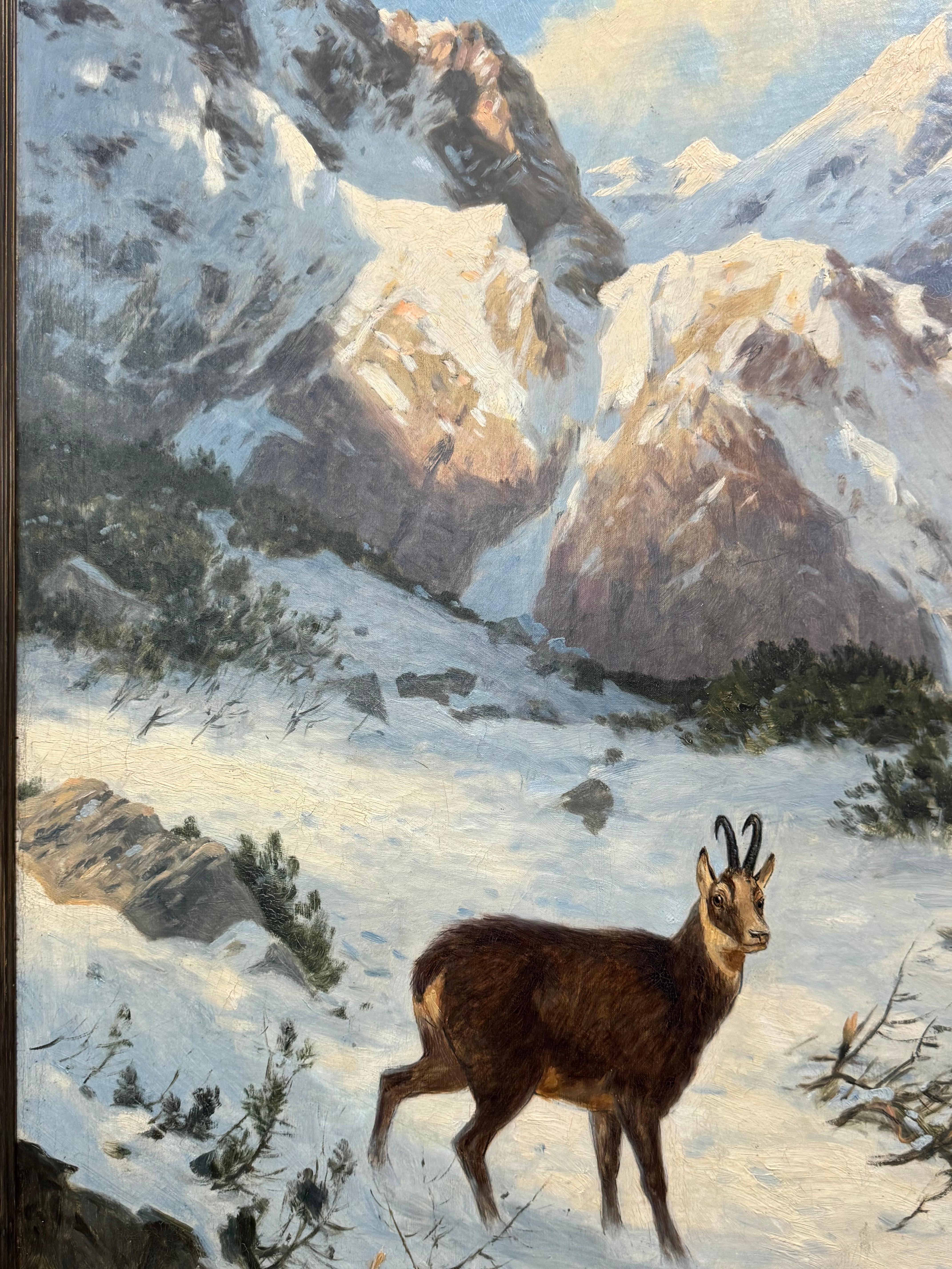 German Grand Tableau de Karl Wenzel, Chamois sous la neige - Chasse - Montagne