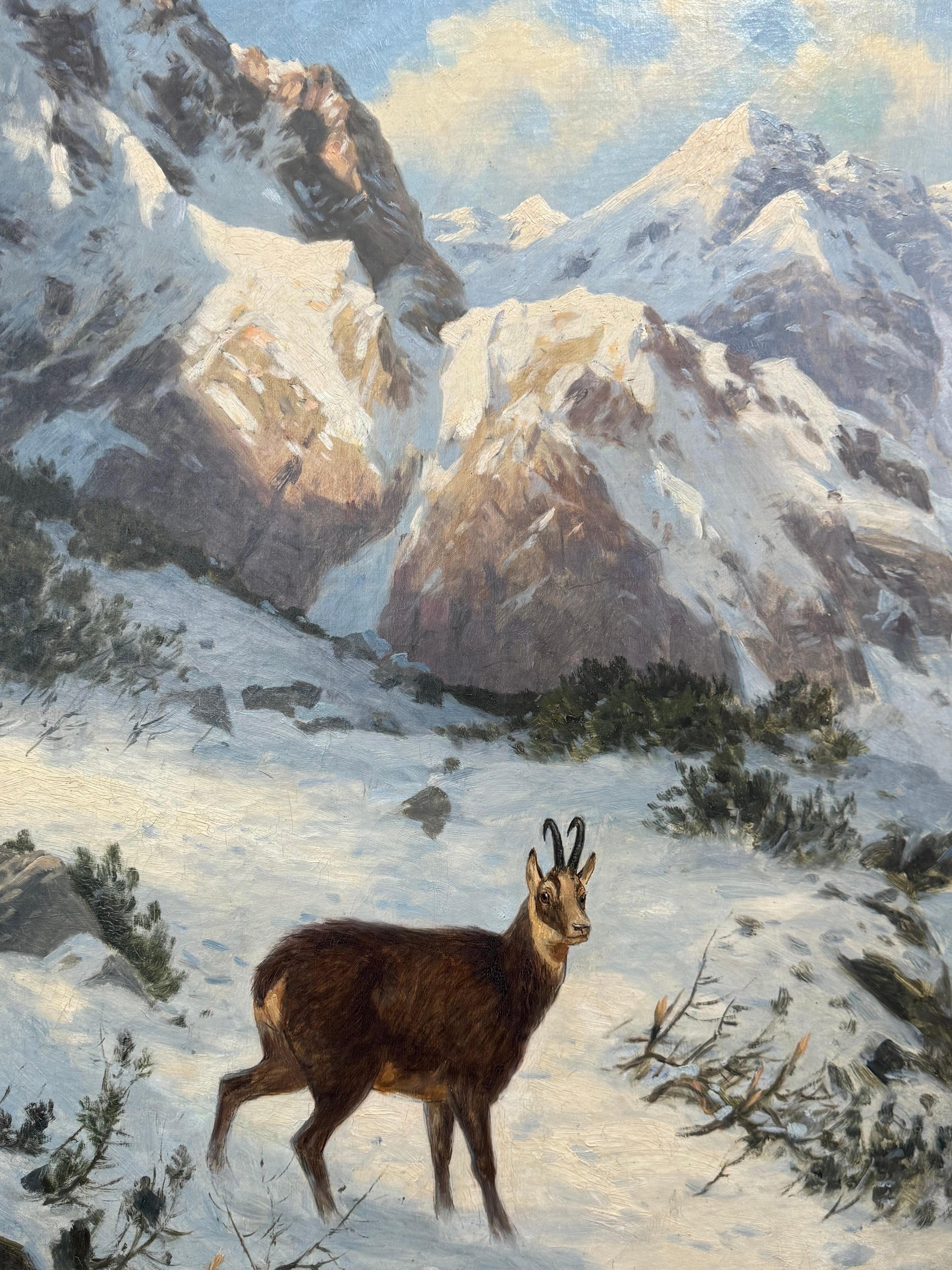 Painted Grand Tableau de Karl Wenzel, Chamois sous la neige - Chasse - Montagne