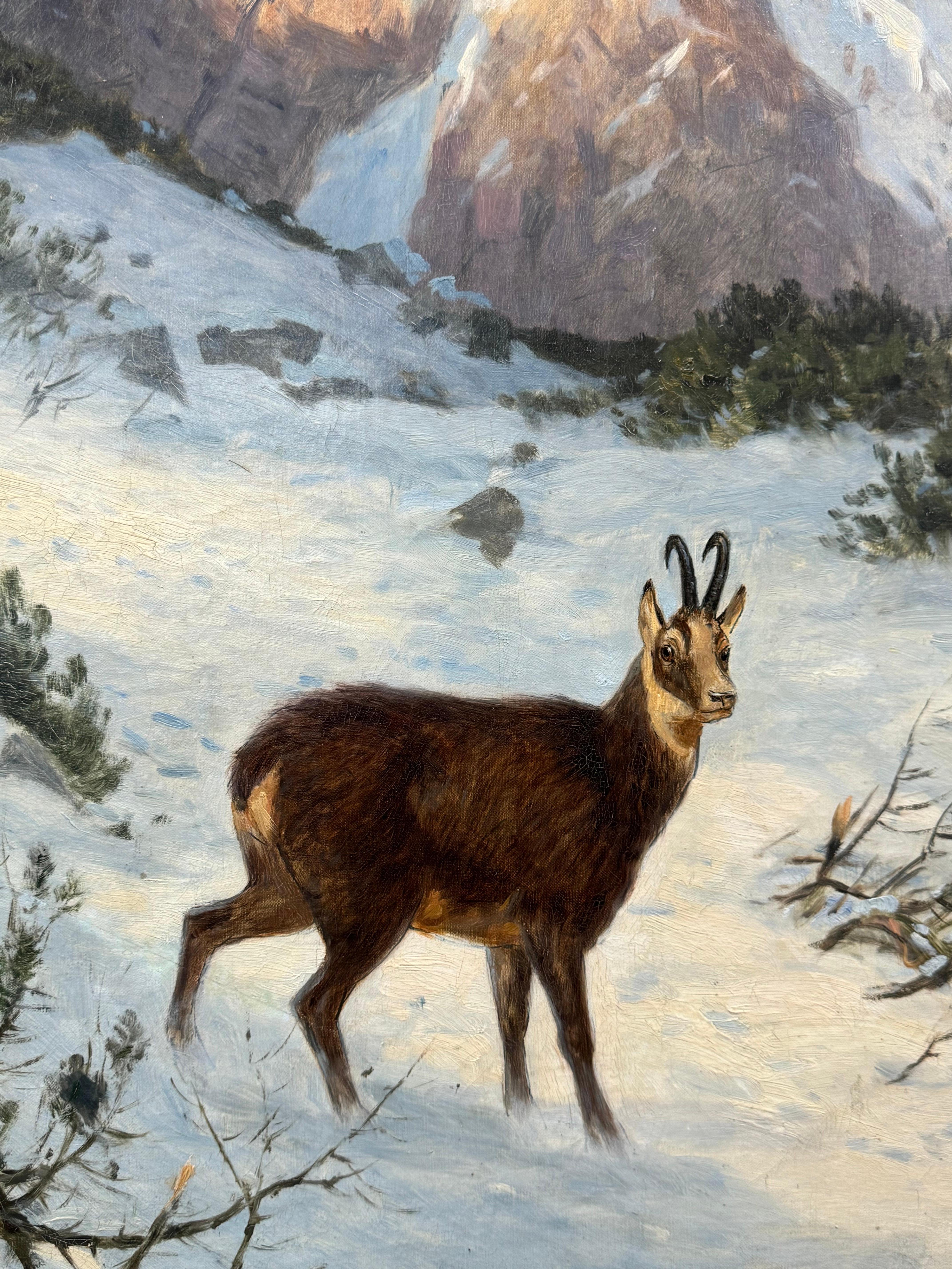 Canvas Grand Tableau de Karl Wenzel, Chamois sous la neige - Chasse - Montagne