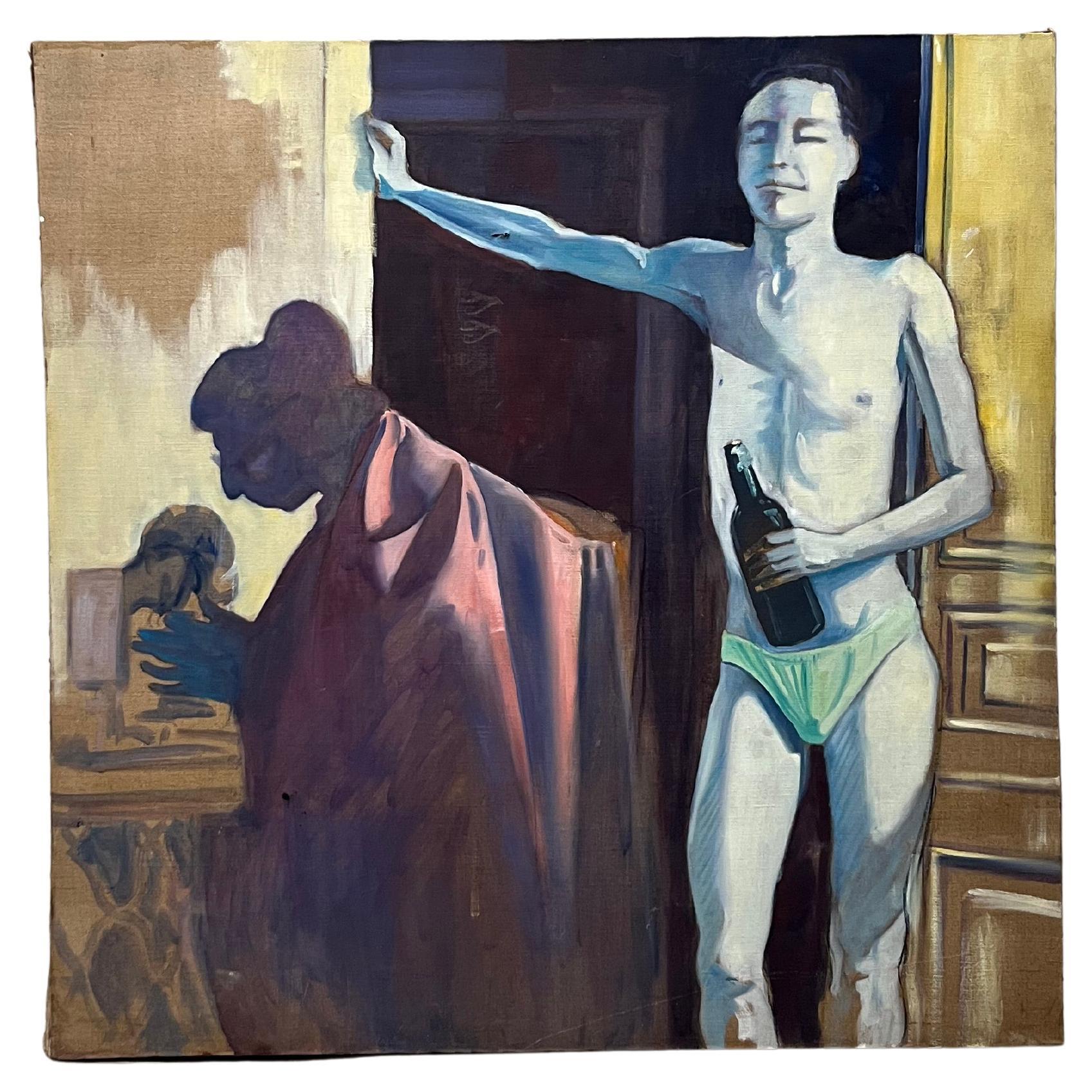 Grand tableau format carré "L'homme à la bouteille"