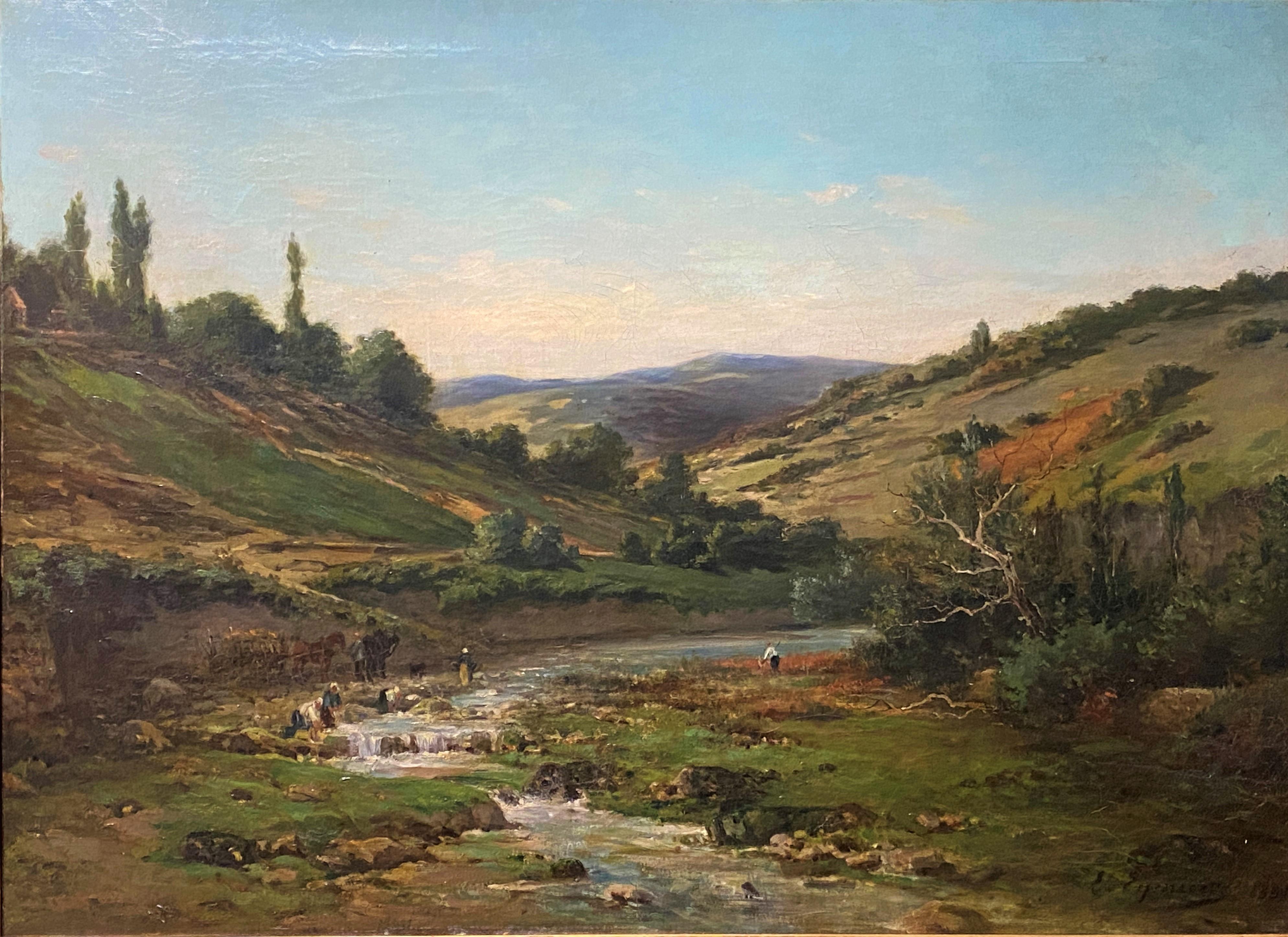 Painting, oil on canvas, representing an animated landscape in the vicinity of Saillans in the Drome. ( south-east of France )
The painter, Léon Bernard EYMIEU (1828-1907), is a landscape painter, pupil of Sauvageot and Roullet. He exhibited at the